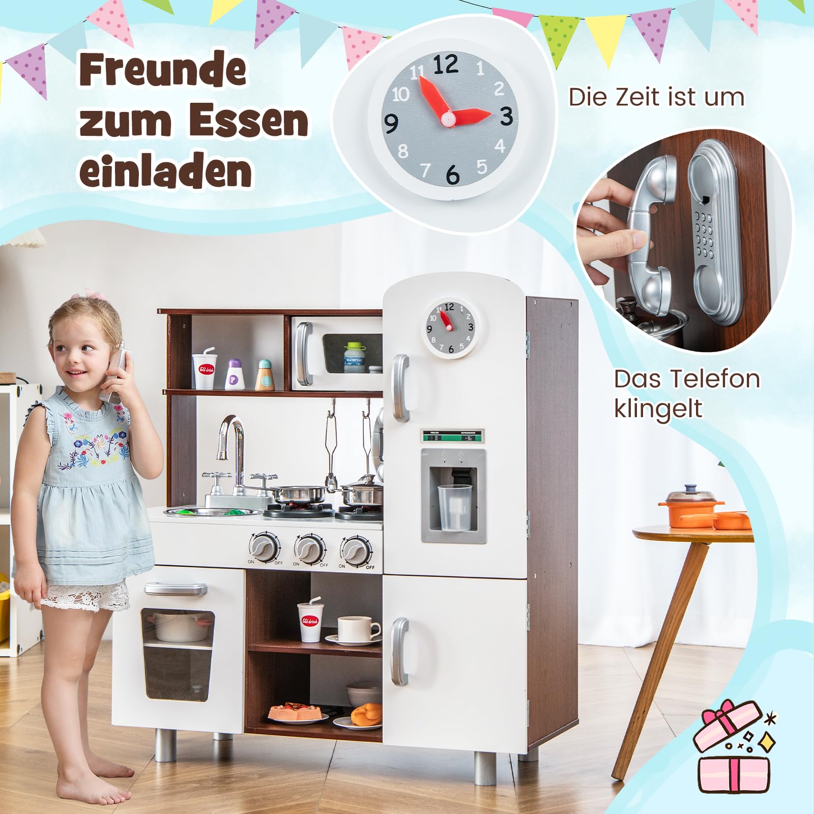 DREAMADE Kinderküche mit Licht und Sound, Kinder Spielzeugküche mit Spüle Herd Mikrowelle Kühlschrank Backofen, Kinderspielküche, Spielküche aus Holz mit Zubehör für Kinder ab 3 Jahren (Weiß + Braun)