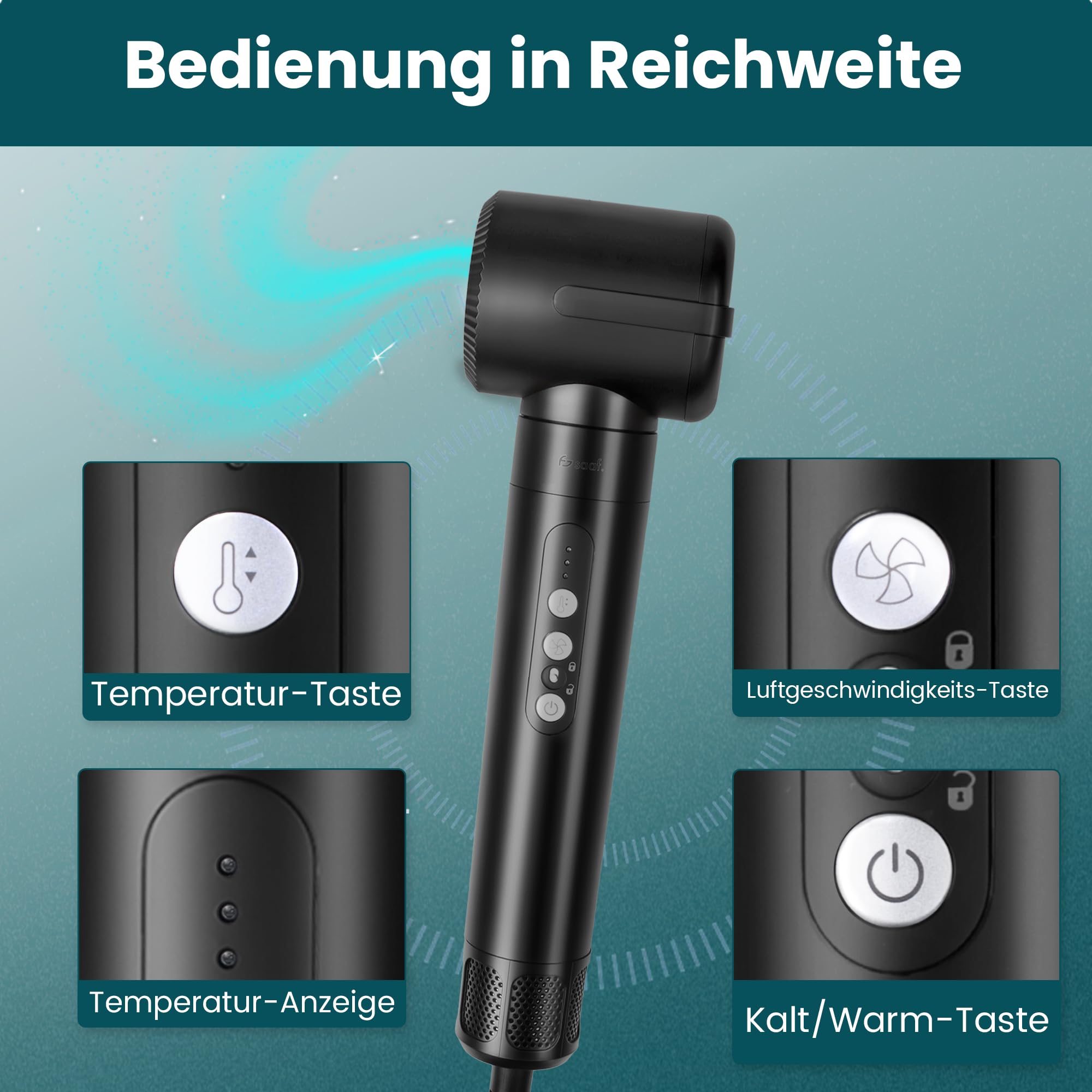 Saaf Föhnbürste 7-in-1 – 8-teiliges Airstyler Set – Föhn, Lockenbürste, Stylingbürste – Multistyler Hairwrap – Für Damen – Geschenkidee – Schwarz – Haar-Tool