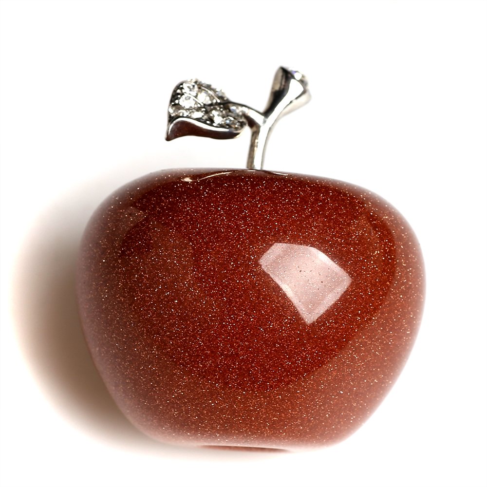 ruhong1.18 Inches Natural Quartz Healing Crystal Stone Craft Collection Red Goldstone Apple Carved Figurine Statue Alloy Leaf Home Ornament Holiday Wedding Decoration