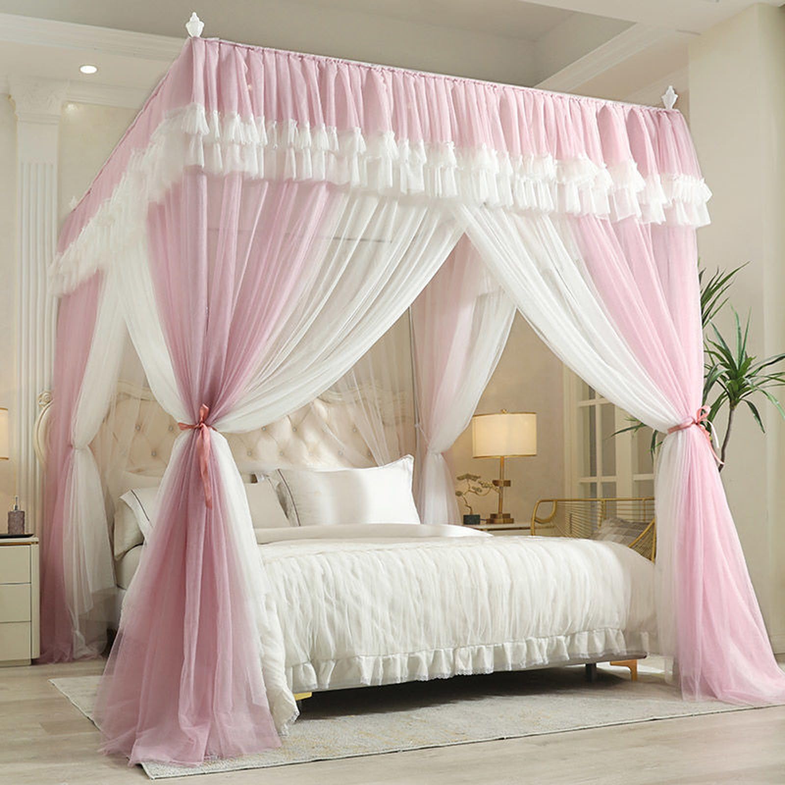 Peakjune Princesses Bed Curtains Canopy,Four Corner Posts Beds Canopys,Kingsize Four Corner Posts Curtains Bed Canopy,Double Layer Drape Netting 3 Opening Mosquito Net,Easy Installation