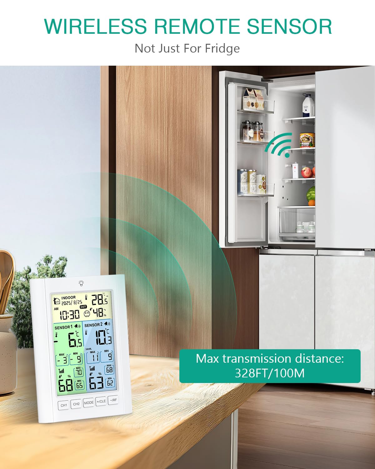 ORIA Thermomètre Numérique pour Réfrigérateur, Thermomètre pour congélateur avec 2 Capteurs Sans Fil, Ecran Couleur, Alarme, Max/Min, Heure d'Eté, Alimentation par Batterie/USB pour Maison, Cuisine