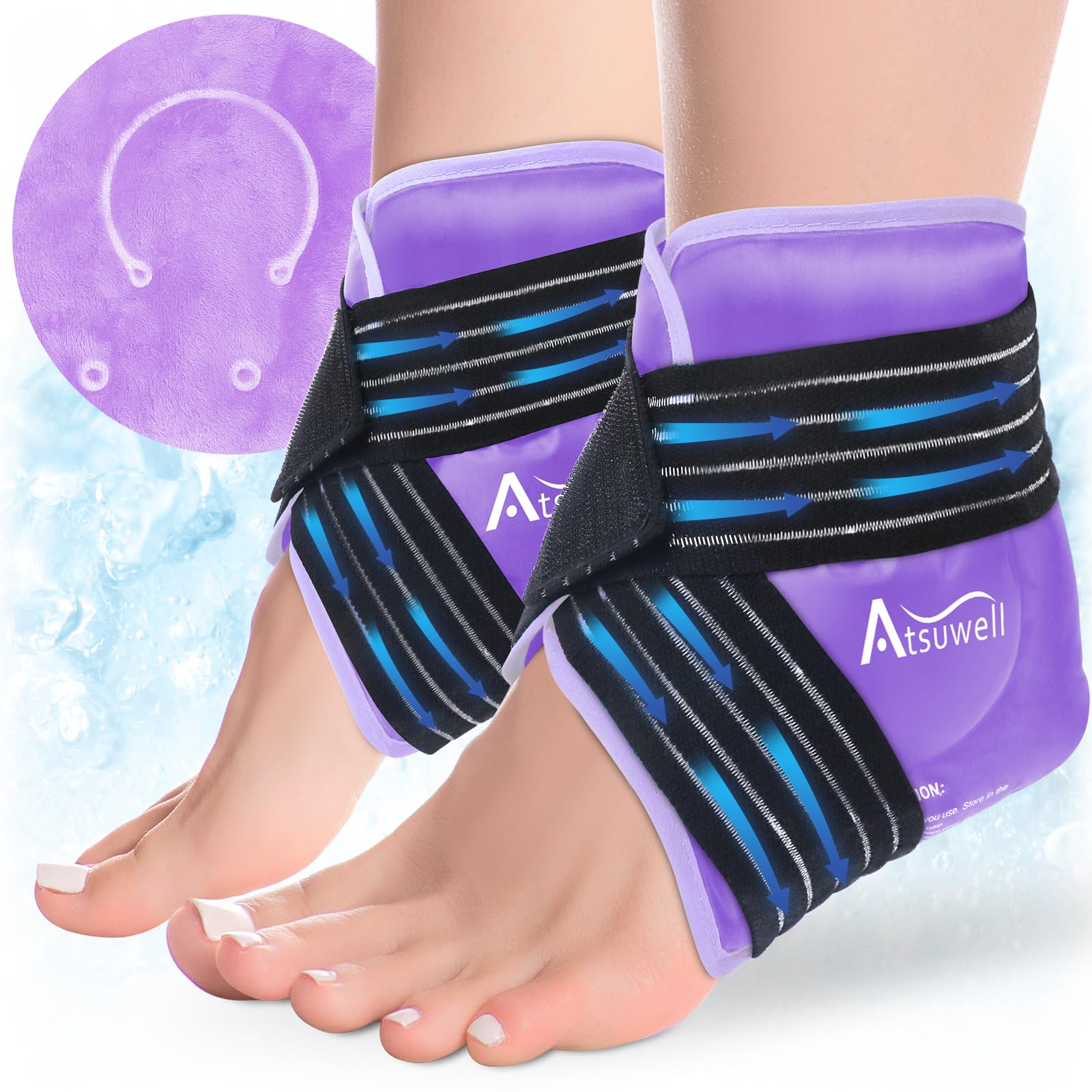 AtsuwellAnkle Ice Pack Wrap 2 Packs, Ankle Ice Wraps Flexible Gel Cold Pack for Foot Heel, Cold Compress Therapy for Soothing Discomfort, Purple