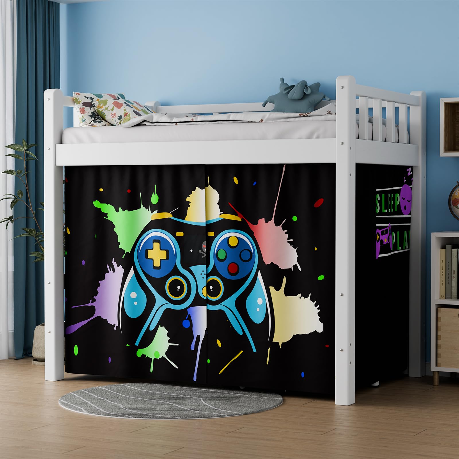 Vpory Loft Bed Curtains - Privacy Bottom Bunk Bed Curtains Customization Blockout Breathable Canopy for Teens Children Students (Game Machine Pattern, 2 Pacs Full)