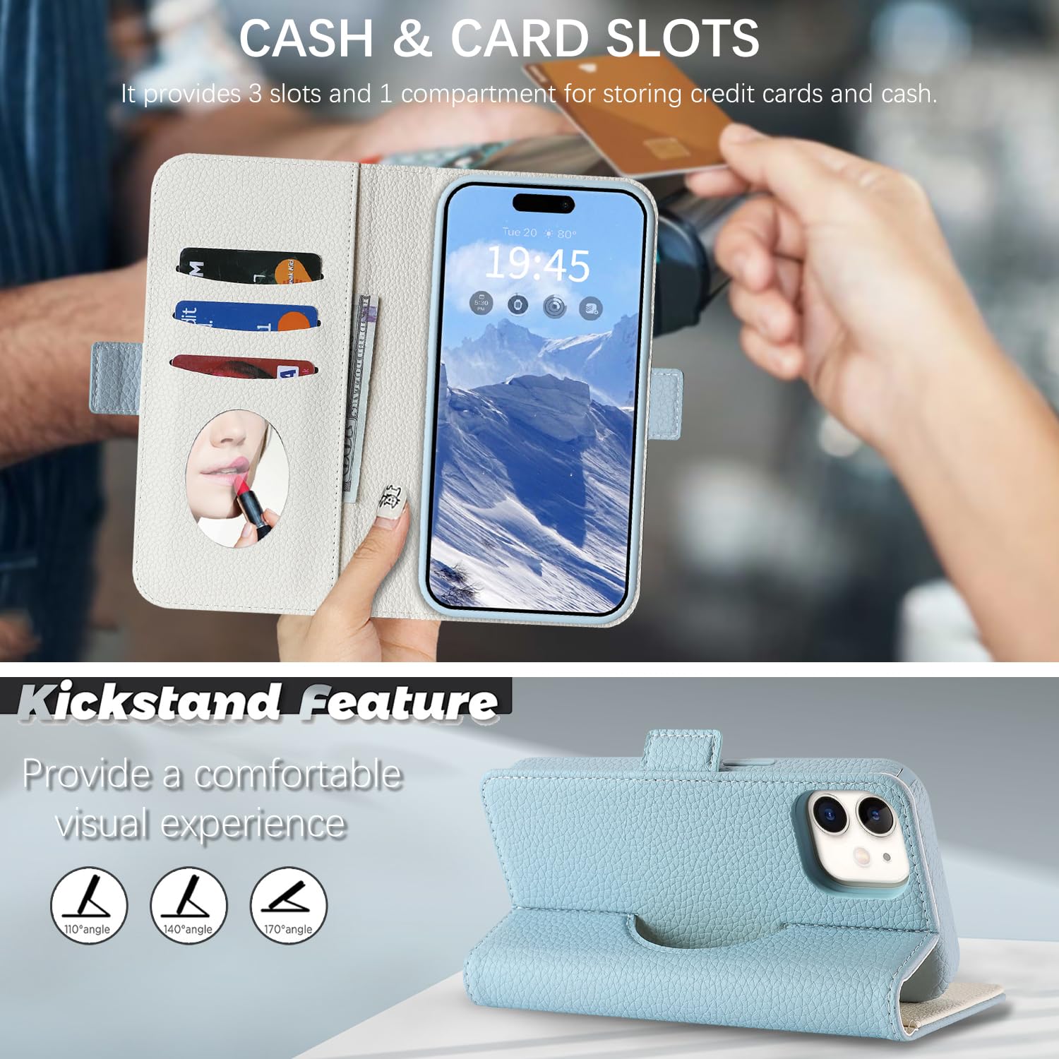 Custodia a portafoglio per iPhone 12/12 Pro con porta carte, azzurro
