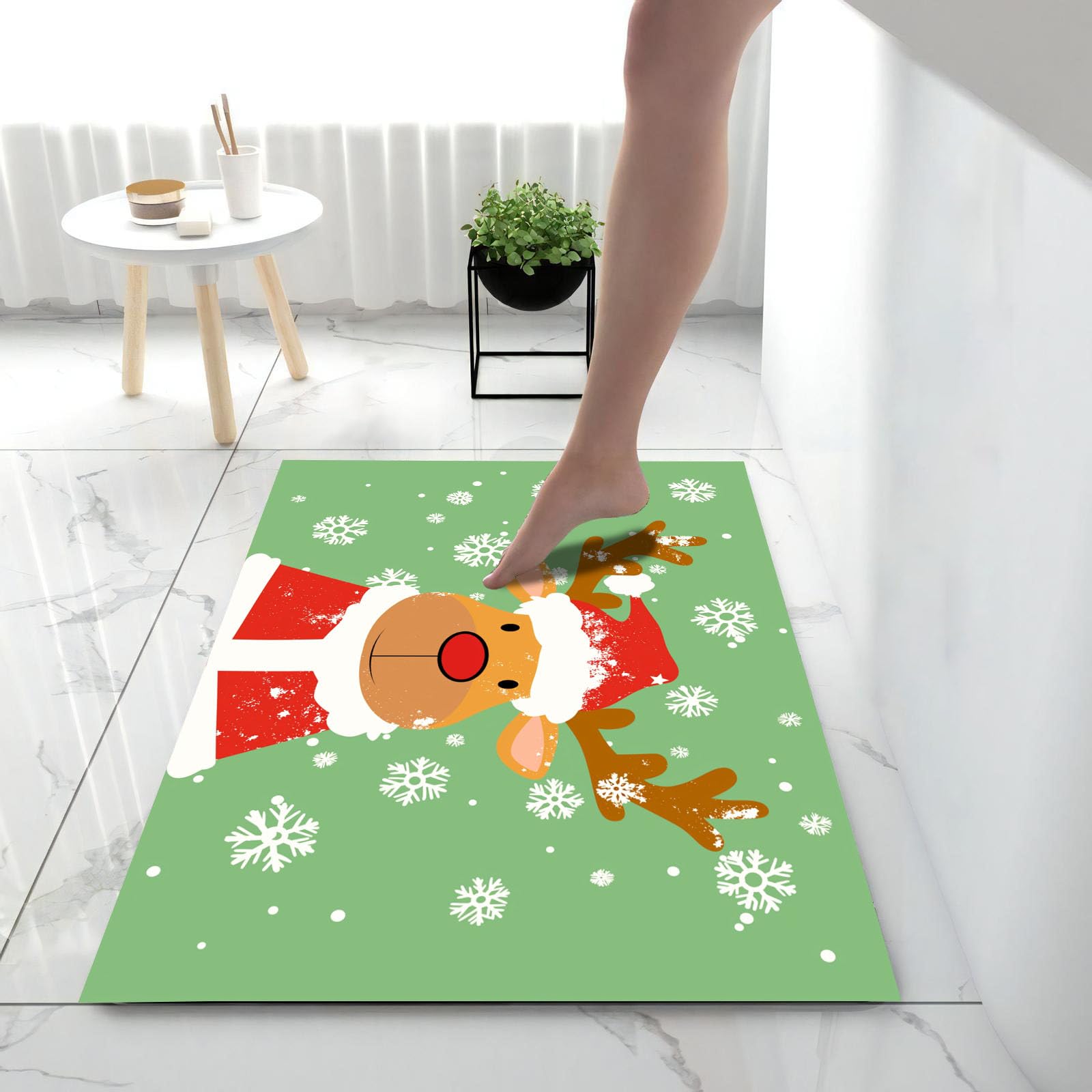 Felpudo Alfombra de Entrada Lavable, Dibujos Animados Interior Renos Copos De Nieve Pequeña Alfombra Antideslizante Suave Superfina para Cocina Baño Dormitorio 80x120cm, Verde