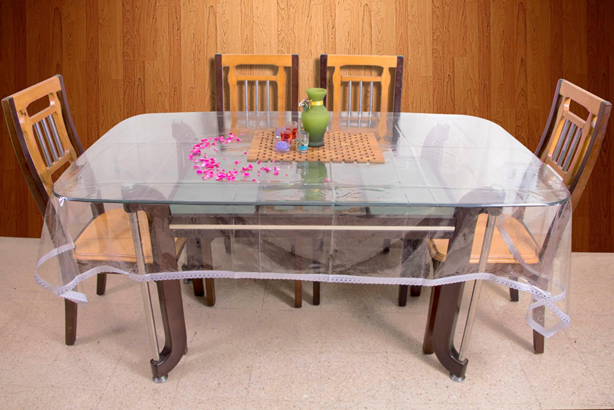 STITCHNEST PVC Transparent 8 Seater Dining Table Cover with Silver Lace, (60x90 Inches)
