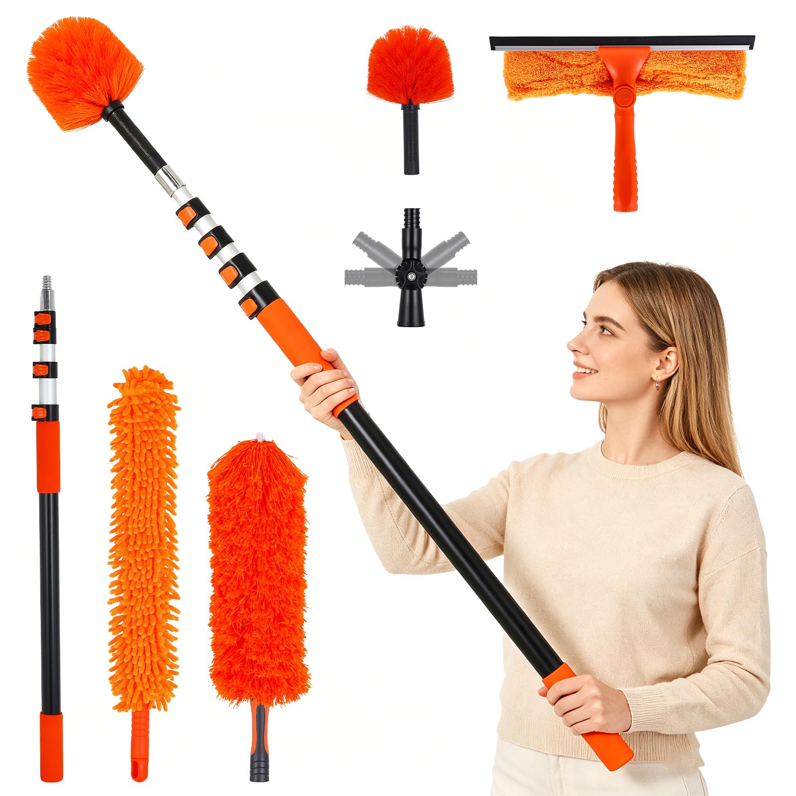 Set di pulizia telescopico 4 in 1 con testine di pulizia intercambiabili (3,6 m) | Senza scala per la pulizia in altezza, manico antiscivolo, lavabile, versatile