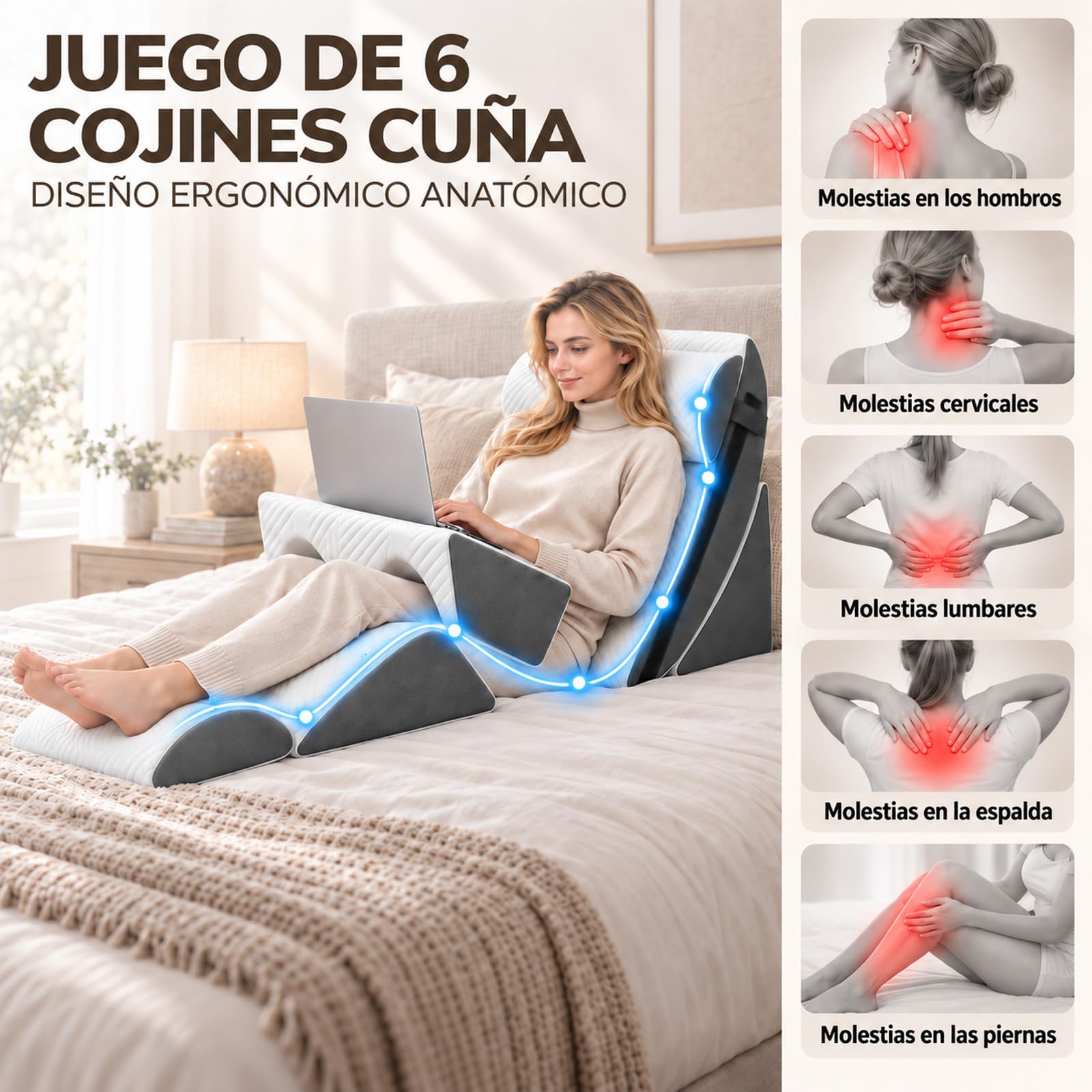 Almohada ortopédica de cuña,6pcs Cojín de lectura ajustable,Espalda Cuello