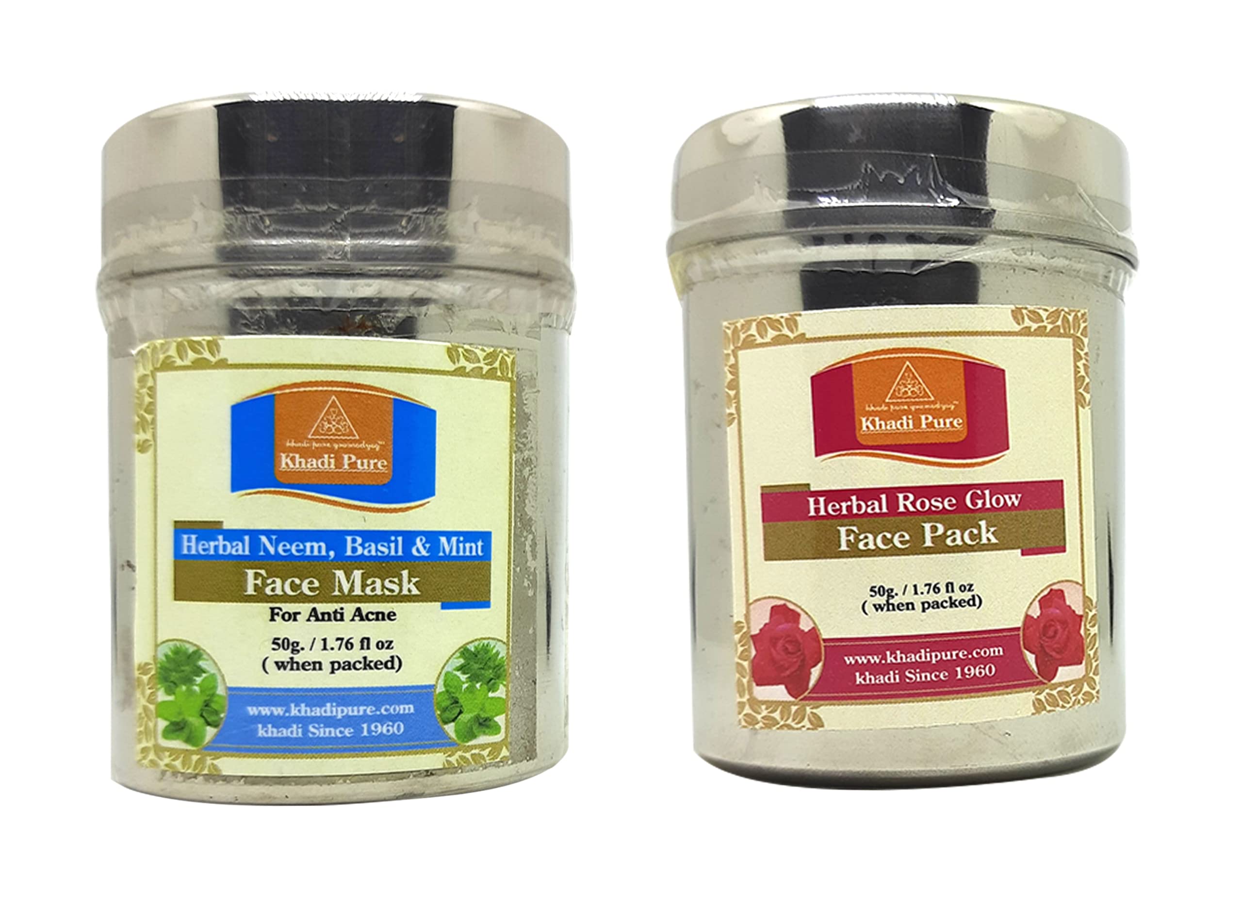 Khadi Pure Neem, Basil & Mint & Rose Glow Face Pack, 50 g (Pack of 2)