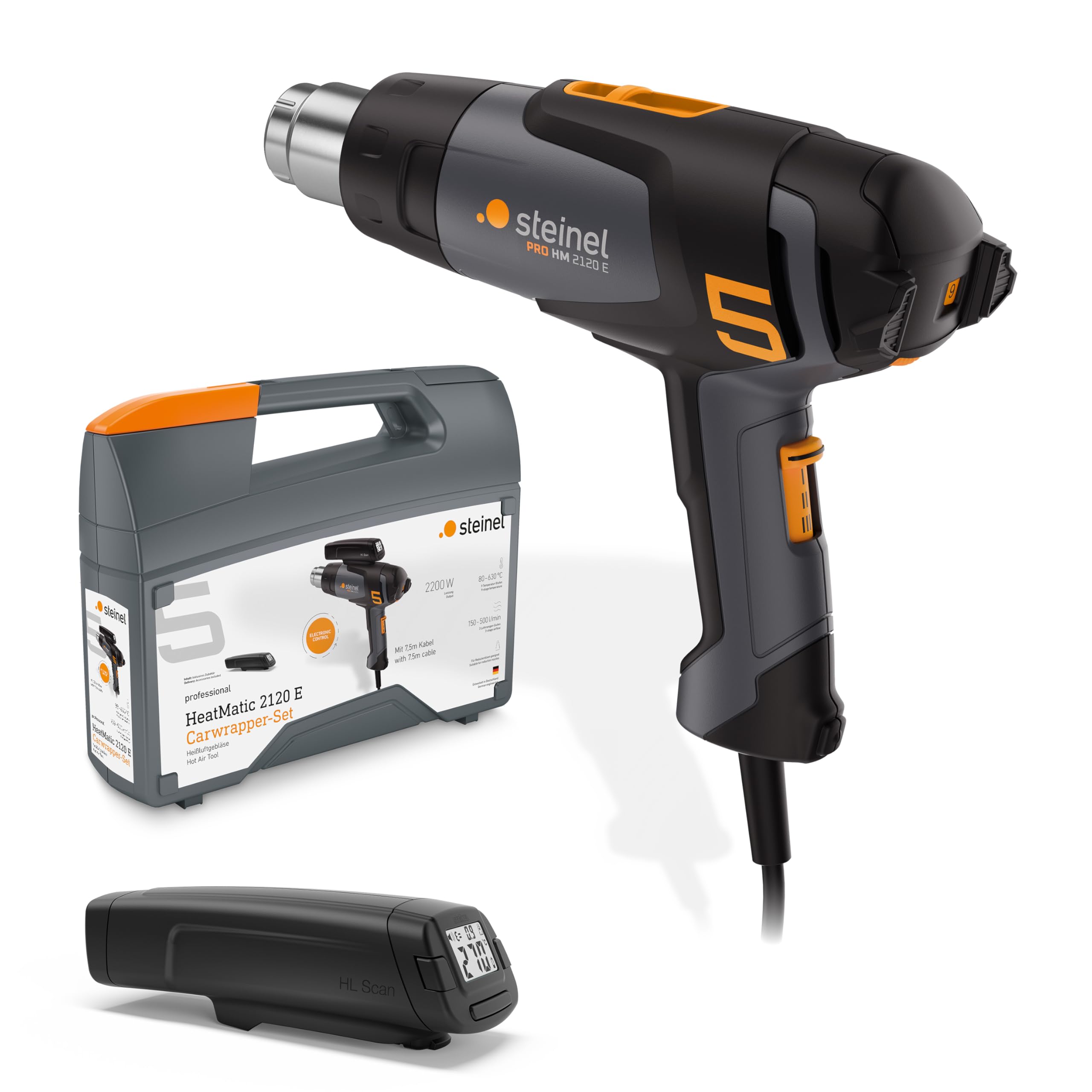 Steinel pistola térmica HM 2120 E Set de enrolladores para coche, incl. escáner de temperatura y cable de 7,5 m, pistola de aire caliente 2200 W, 80°-650°C
