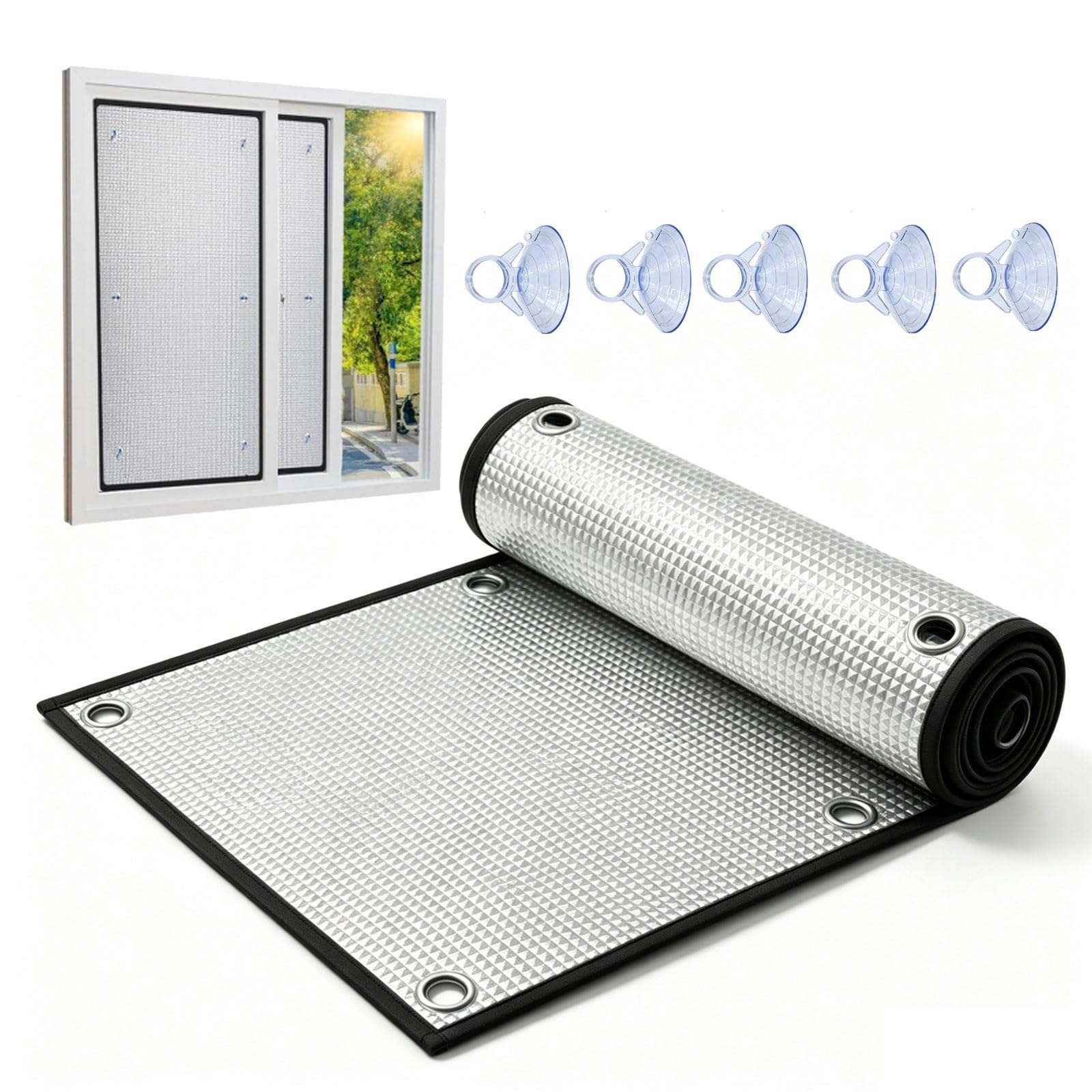 Hitzeschutz Fensterfolie Mit Saugnapf, 30 60 80 100 120 160cm Reflektierende Sonnenschutzfolie Für Fenster Innen & Außen, 8mm Sichtschutz Aluminiumfolie Isolierfolie für Garage(Black Edge,150x180cm)