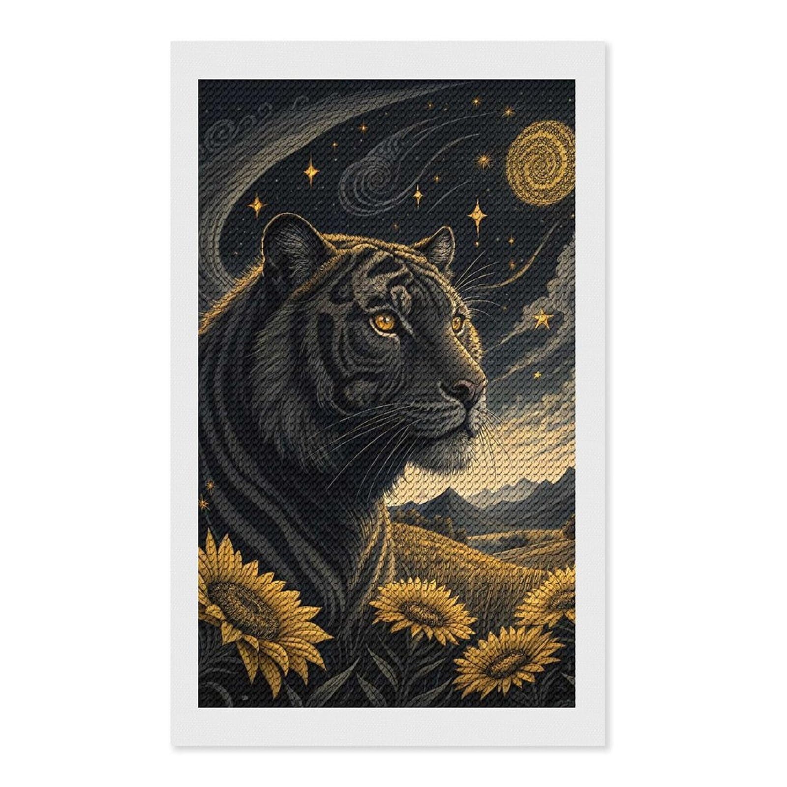Junmoney Tiger in A Starry Sunflower Field Round Drill Diamond Painting 12"x20", for Women, Relaxing DIY Hobby, Bedroom Decor, Christmas Gift, Adhesive Canvas