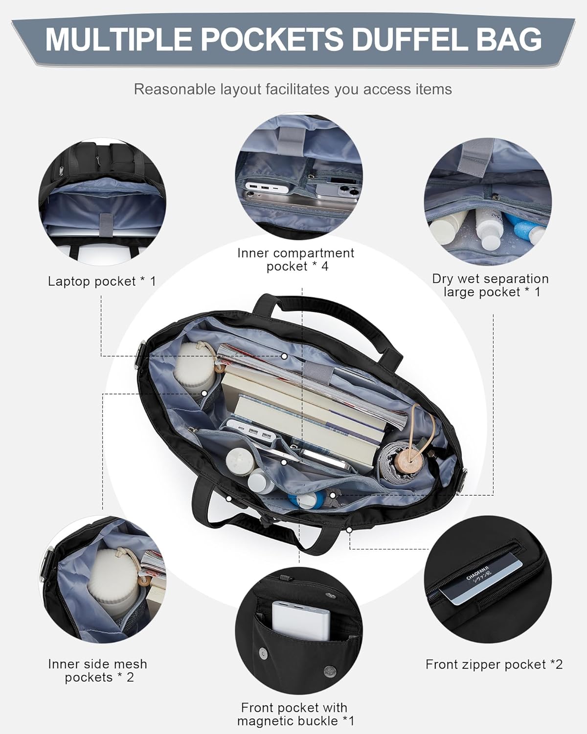 BJLFS Tote Bags for Women with Toiletry Bag Sets Carry on bag Handbag Waterproof Casual Travel Beach Bag Crossbody Bag for Gym Work Travel School Shopping Black