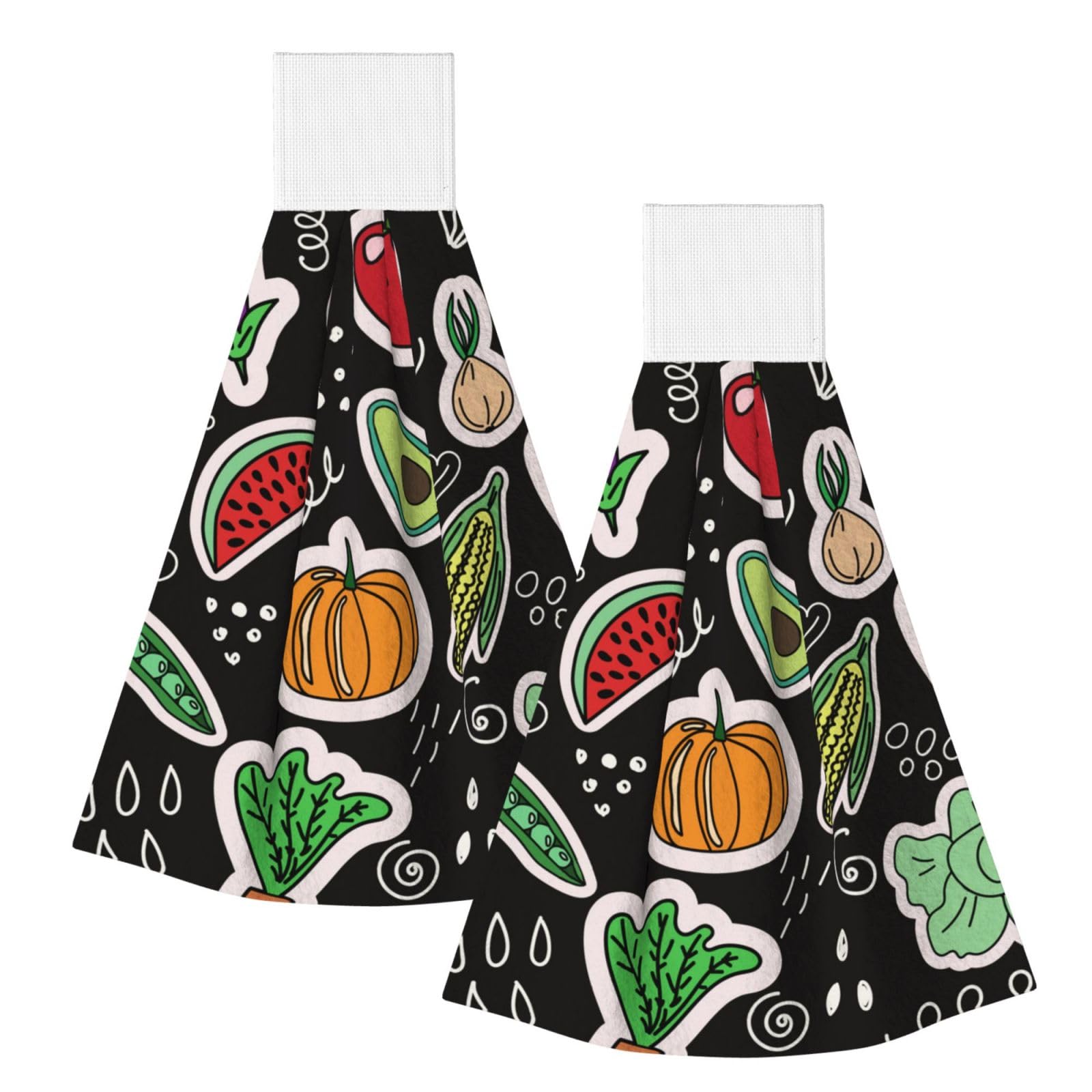 DOPKLNA Cartoon Vegetables Fruits, 2 Pcs Hanging Coral Fiber Hand Towels for Bathroom, Absorbent Kitchen Towels