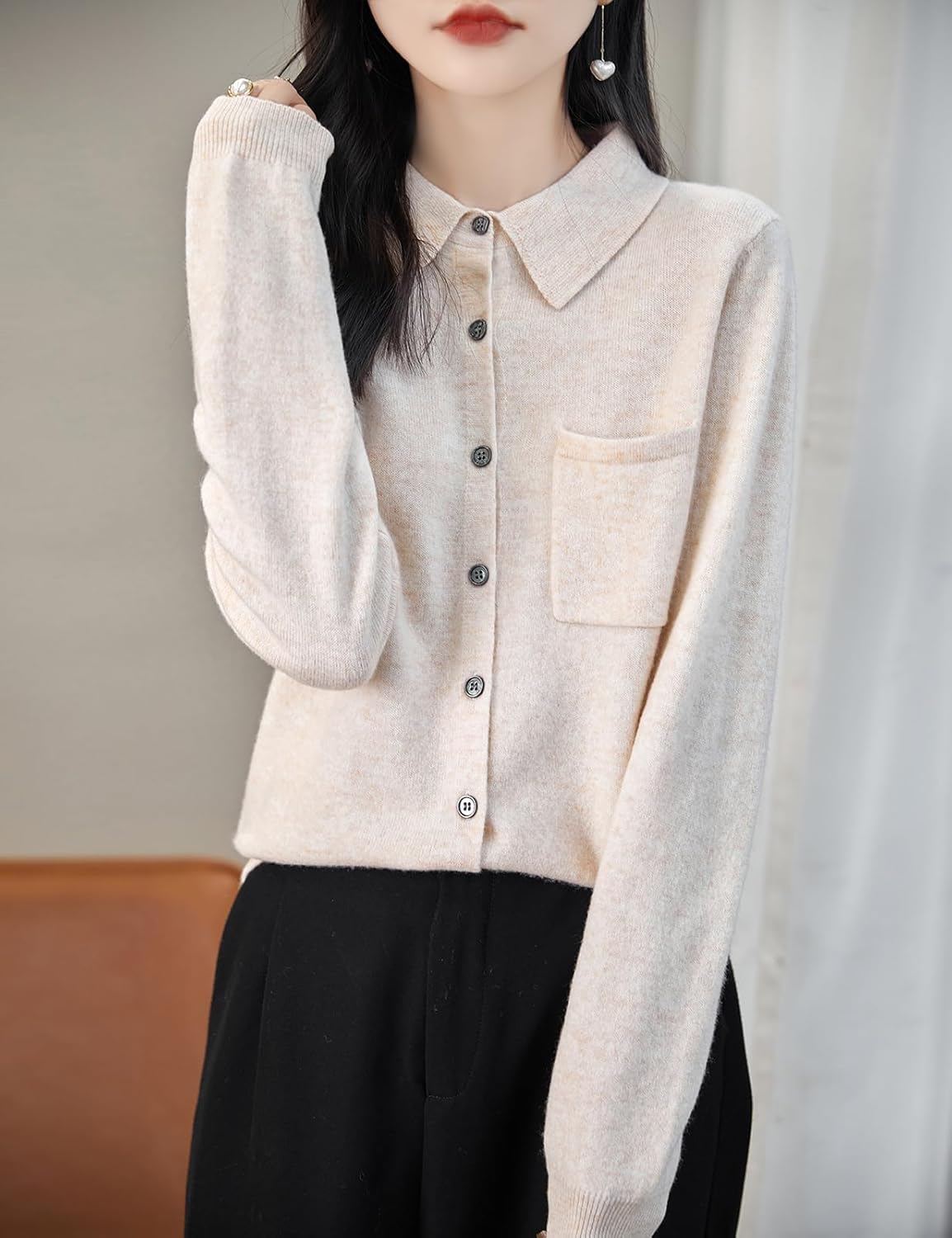 Chanyarn Women's Polo Neck 100% Merino Wool Sweater 2025 Spring Basic Long Sleeve Knitted Cardigan Sweater with Pocket - Image 3