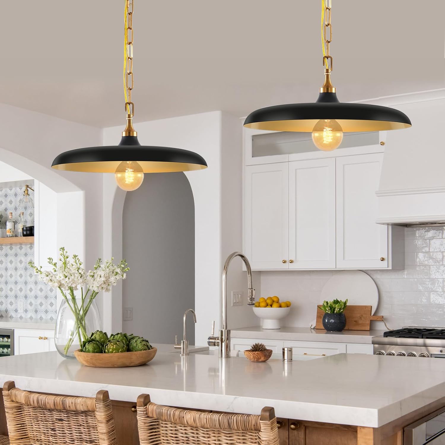 2 Pack Farmhouse Pendant Light，17" Vintage Farmhouse Hanging Lights, Black and Gold Industrial Pendant Lighting Adjustable Height for Kitchen Island,Dining Room, Hallway, Coffee,Bar（Bulb not included）
