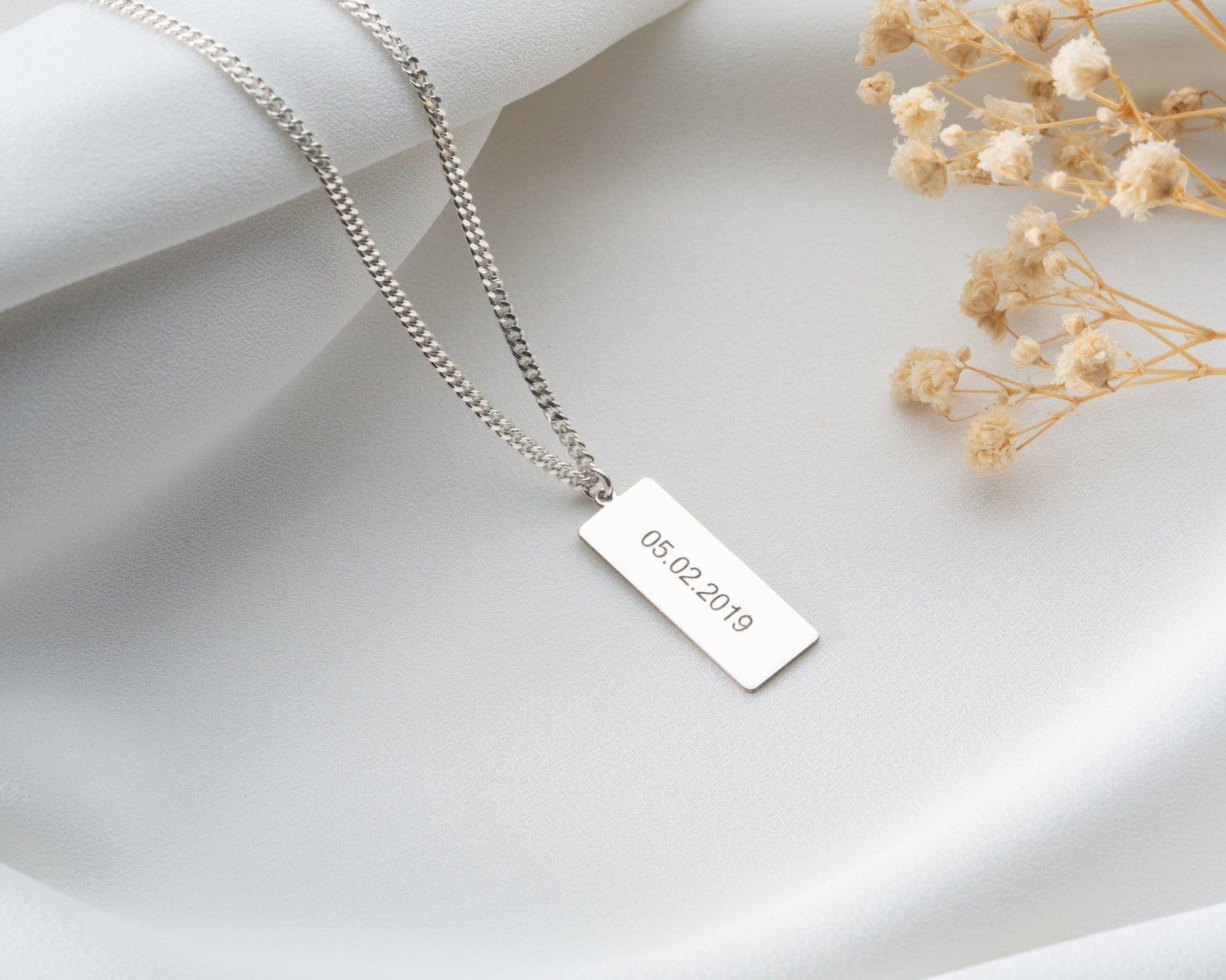 Personalizado barra collar, nombre plata grabado delicado fecha coordenada fecha de nacimiento oro