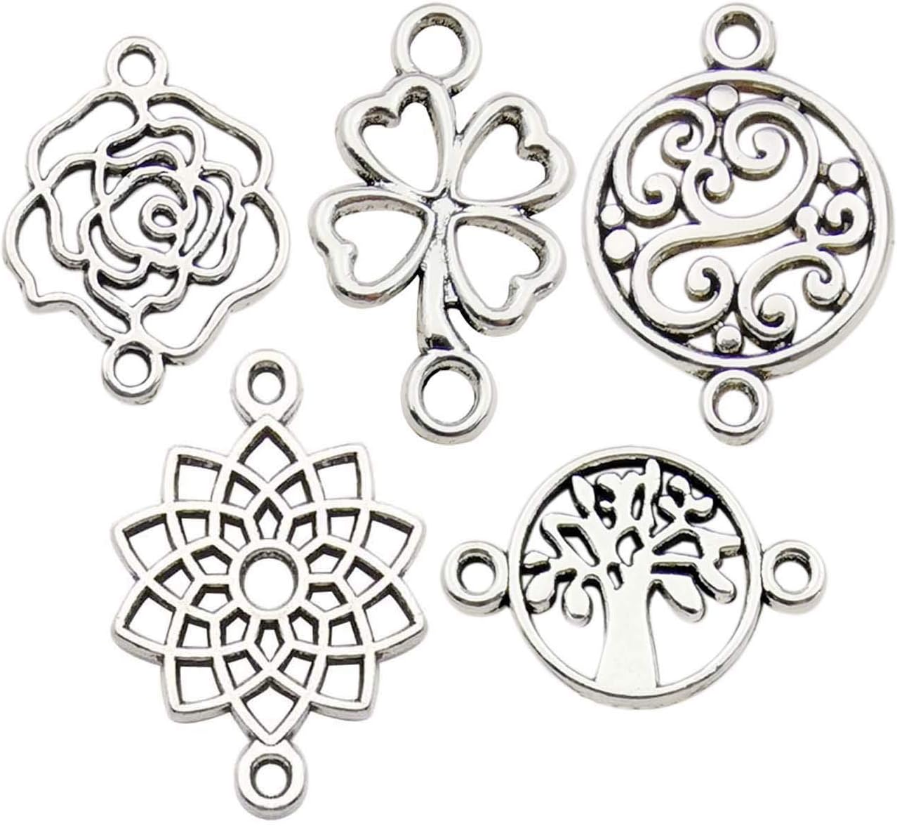 100pcs Craft Supplies Antique Silver Clover Flower Tree of Life Connector Charms for Jewelry Making Crafting Findings Accessory for DIY Necklace Bracelet (M298)