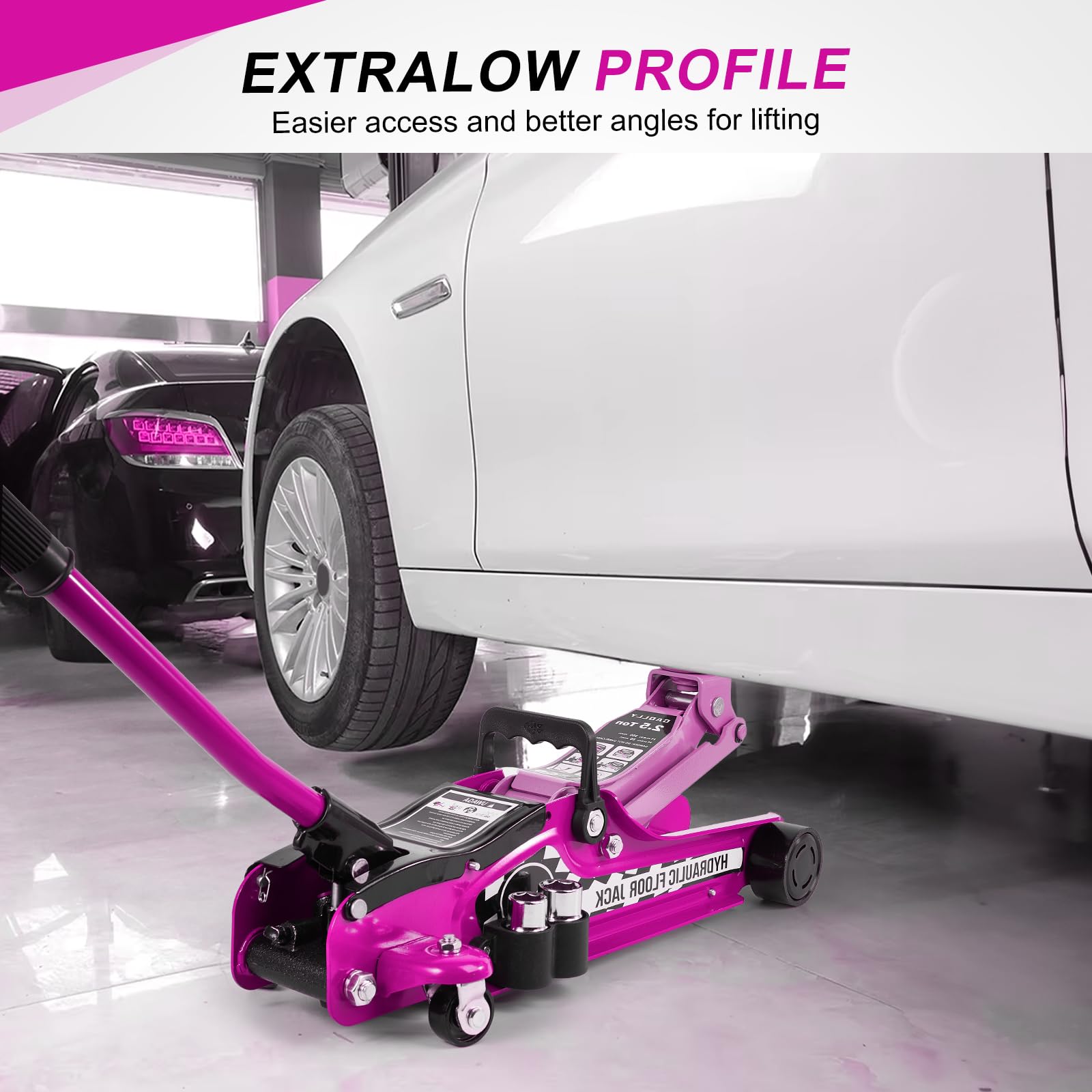 Kit cric da pavimento, 2,5 tonnellate (2,5 kg), cric idraulico a basso profilo, cric a carrello, kit di attrezzi per SUV e auto, kit universale con chiave a capocorda rosa