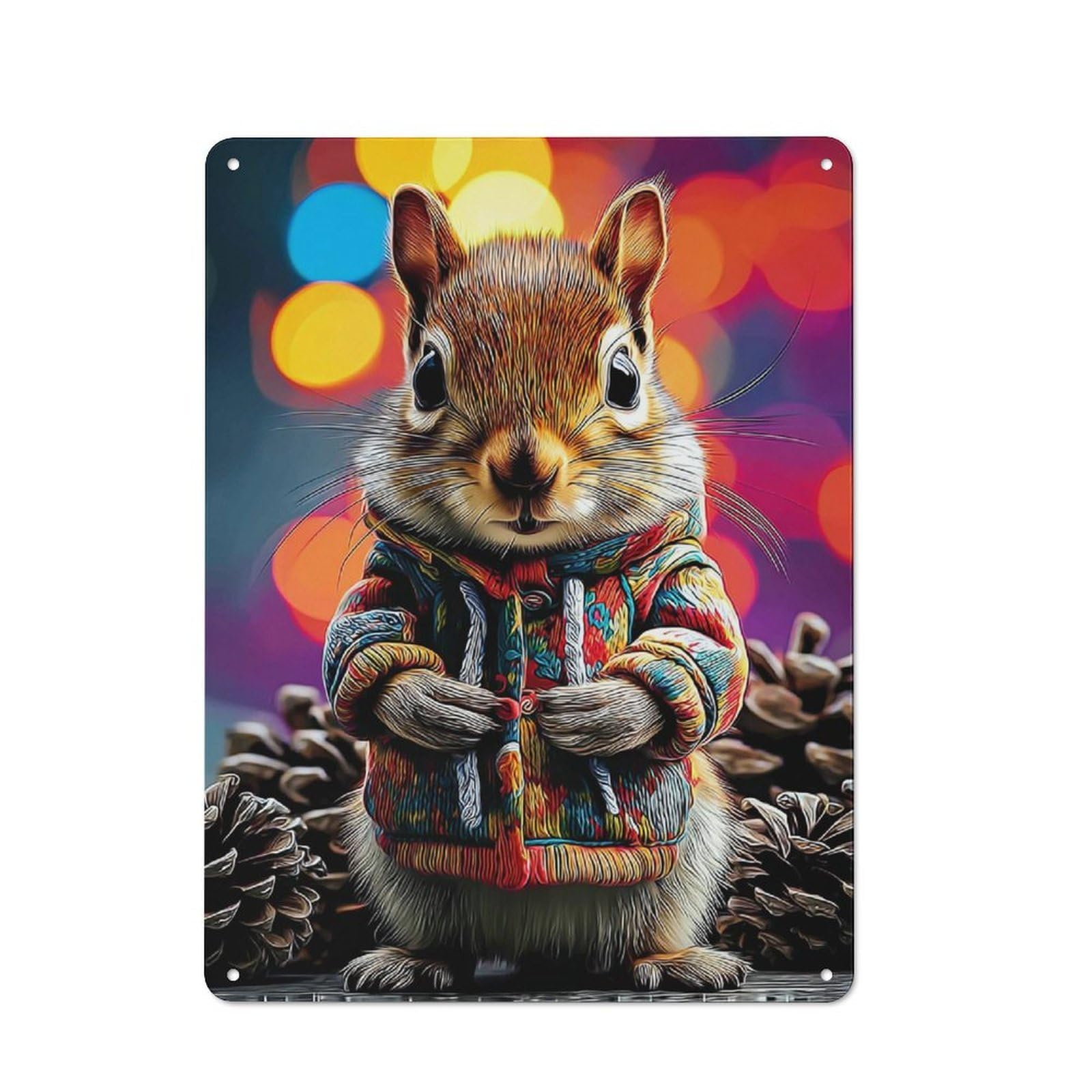 Colorful Squirrel in Festive Outfit Cottage Metal Wall Decor 40x30cm, Shed Metal Sign for Conservatory, Home Bar Or Utility Room