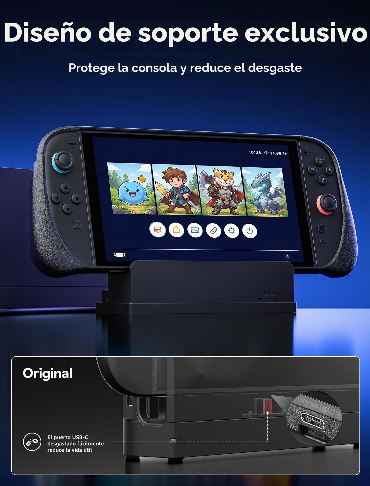 JSAUX Cable Extensor con Soporte para Dock de Switch 2, Extensión USB C de 35 cm, Carga Rápida y Datos 10 Gbps, Salida de Video 4K a 60 Hz, Función Dock 1:1, Ventilación Pasiva, para Fundas Gruesas