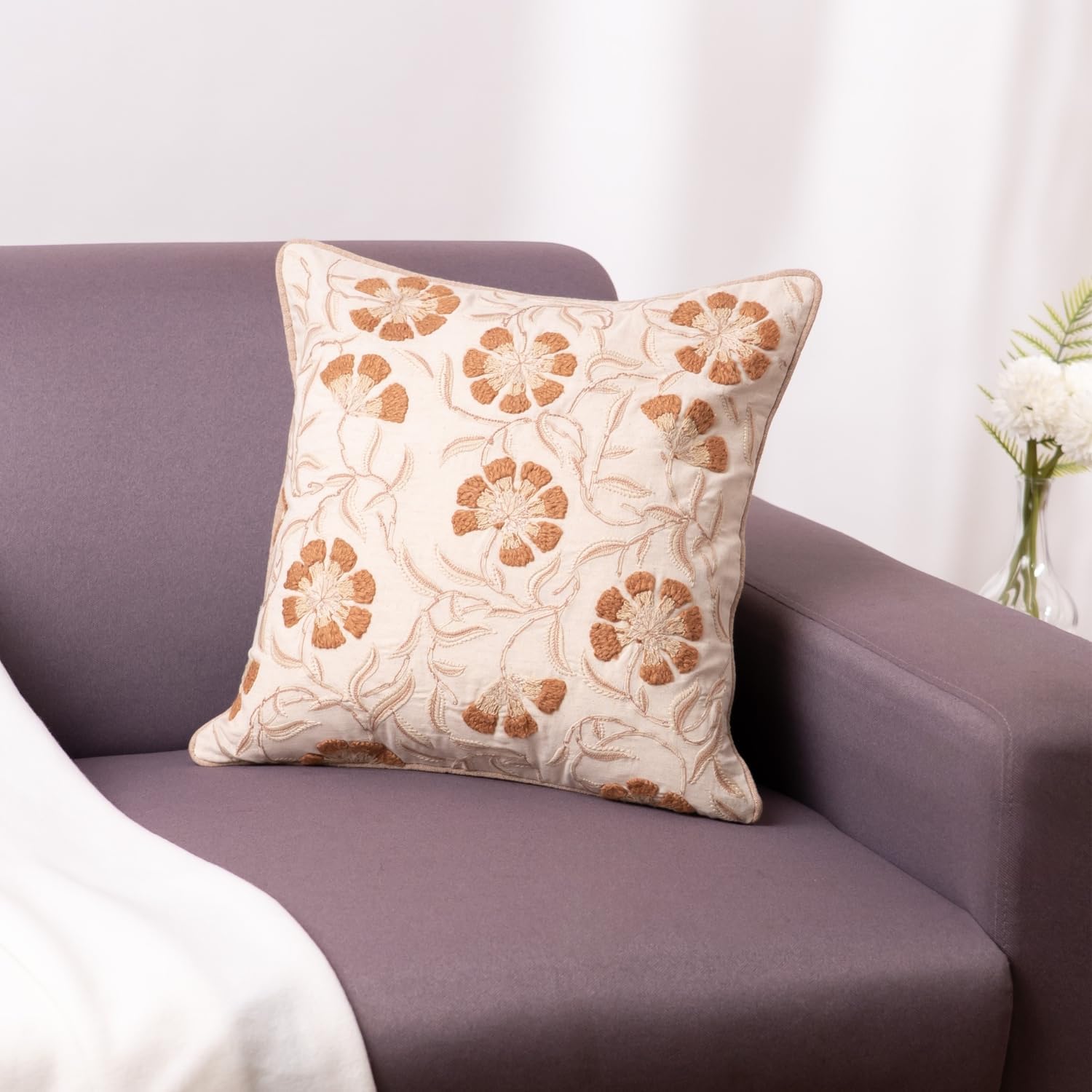 haus & kinder Decorative Embroidered Cushion Cover | Throw Cushion Cover for Sofa, Living Room | Cotton Cushion Covers 16 Inch X 16 Inch