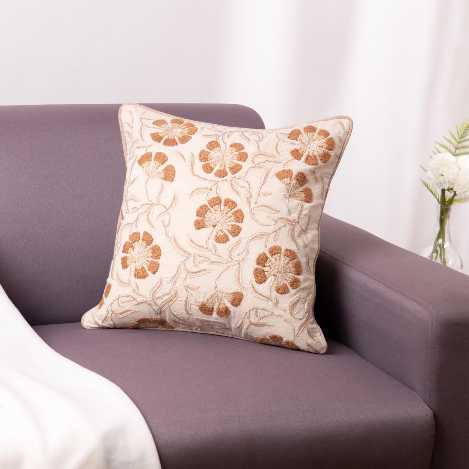 haus & kinder Decorative Embroidered Cushion Cover | Vintage Vines Throw Cushion Cover for Sofa, Living Room | Cotton Cushion Covers 16 Inch X 16 Inch