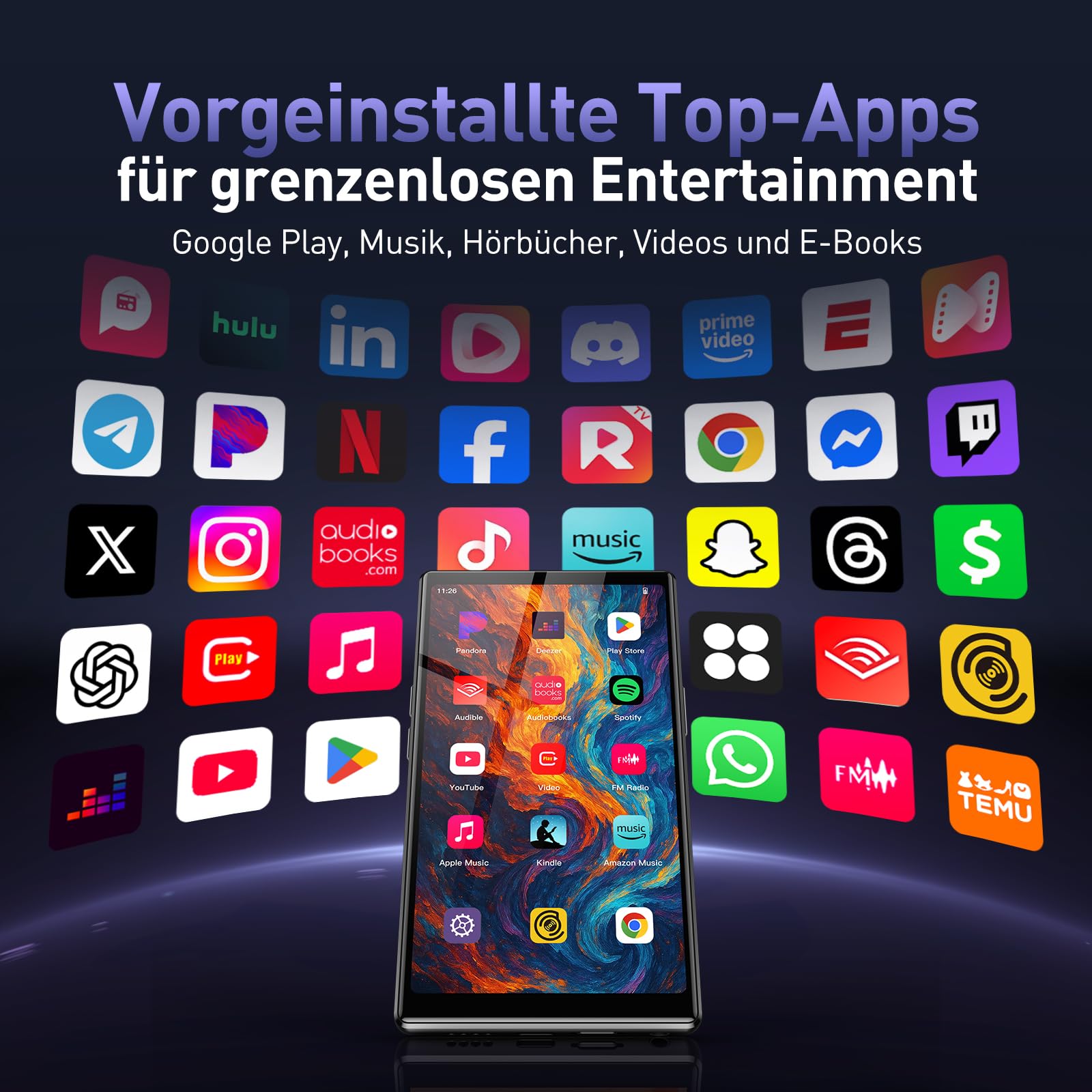 AGPTEK 128GB MP3 Player mit Bluetooth und WLAN, 5 Zoll HD-Touchscreen | Android 13 Musik Player mit Spotify, Audible, Amazon Music, YouTube, MP4-Player für Kinder bis zu 1 TB, Schwarz