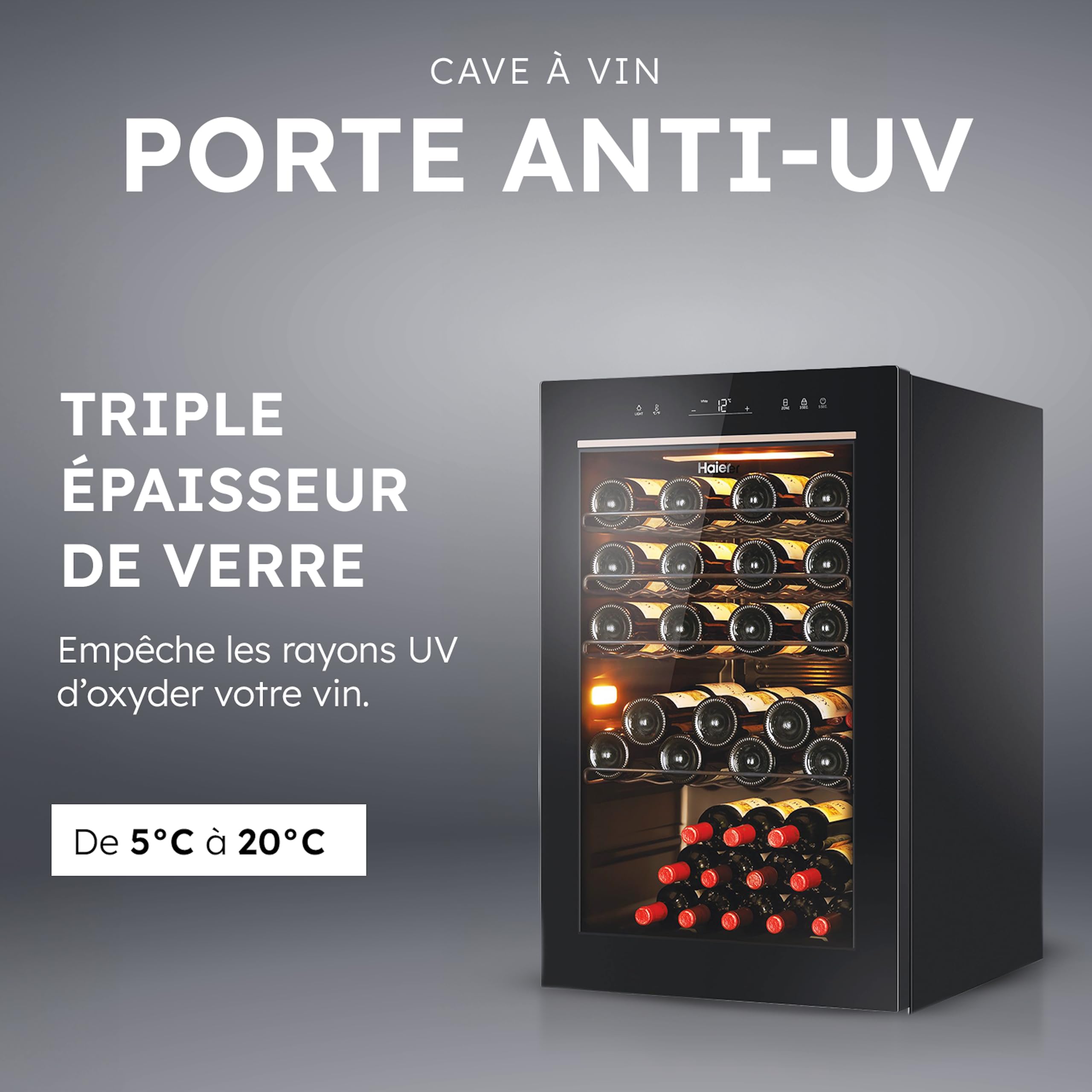 Haier Cave à Vin 49 Bouteilles 1 Porte Classe Énergétique F Froid Statique Noire 82 x 49,7 x 58,5 cm HWS49GAE