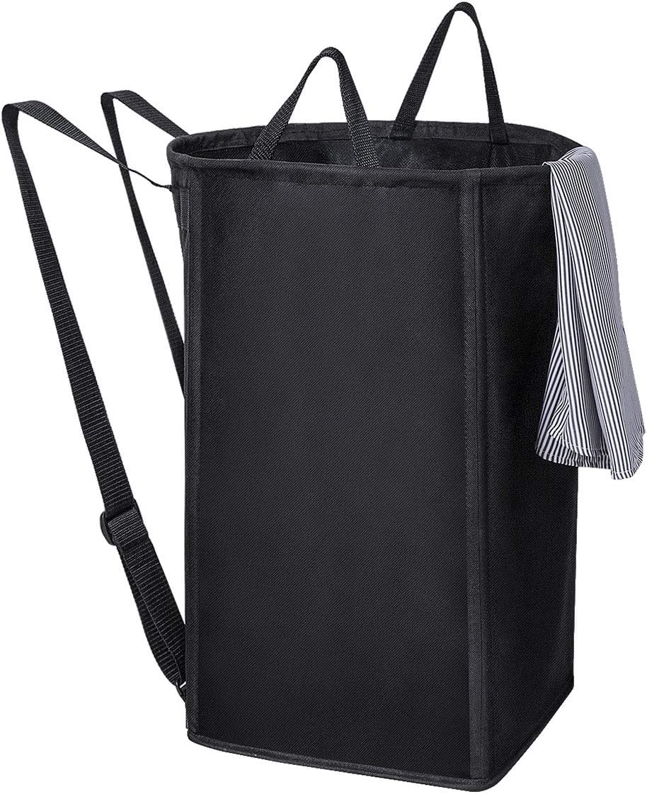 ZERO JET LAG Laundry Hamper Collapsible Laundry Backpack Standing Laundry Basket Dirty Clothes Hamper Portable Laundry Bag with Shoulder Strap Handles Round Clothes Storage Laundry Basket (Black)