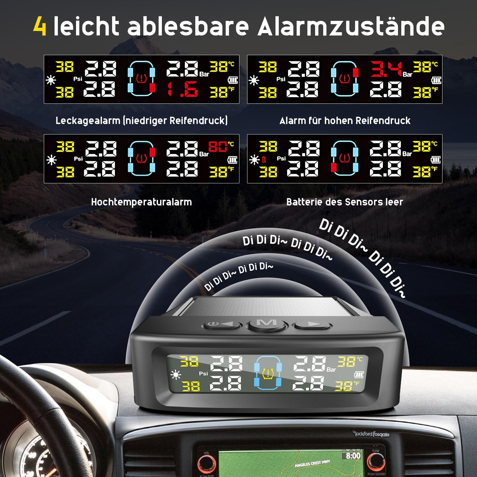 1 Set Reifendruckkontrollsystem für Skoda Karoq 2021-2024, Solar Funk RDKS Reifendruckmesser LCD Display Auto Reifen Sensor Warnung Alarmsystem