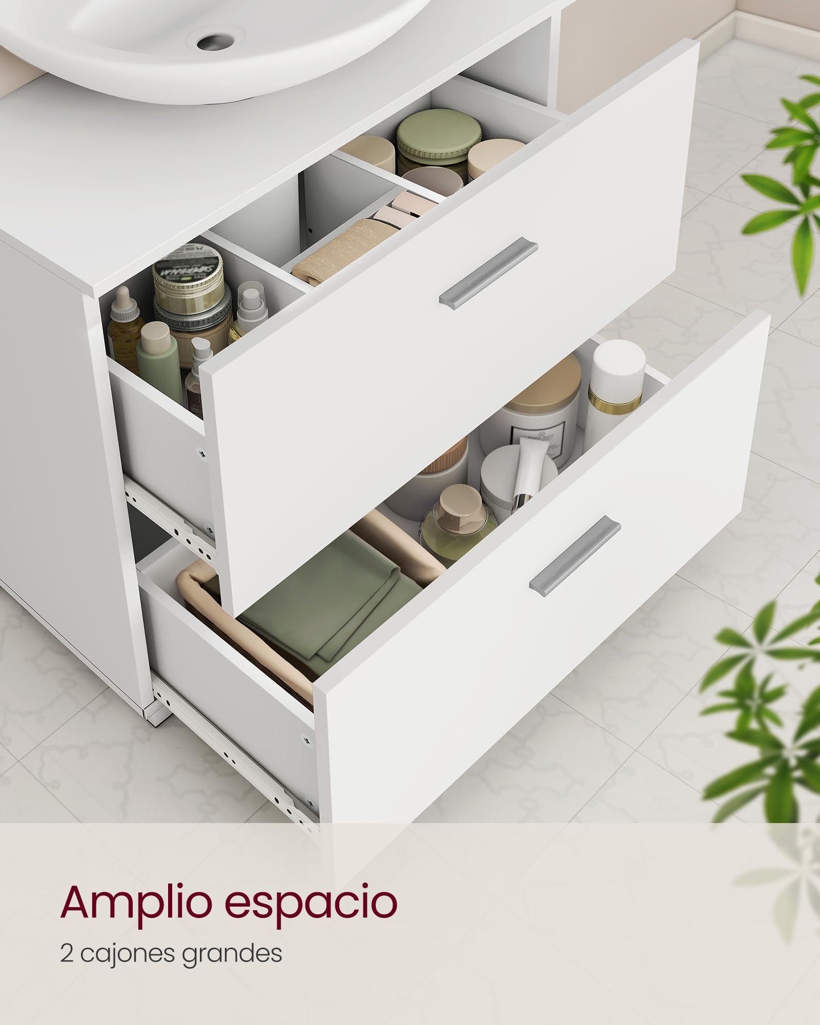 VASAGLE Mueble bajo Lavabo, Armario de Baño, MDF, con 2 Cajones, 60 x 30 x 63,8 cm, Blanco, Colección Kailyn BBK520WB01