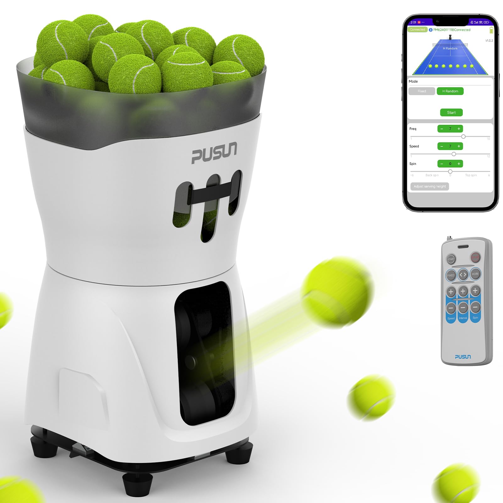 PUSUN PT Mini Pro Tennis Ball Machine - Portable Smart Trainer for Beginners, 65+ Ball Capacity, 3-5H Battery Life, Adjustable Ball Speed & Angle, APP & Remote Control