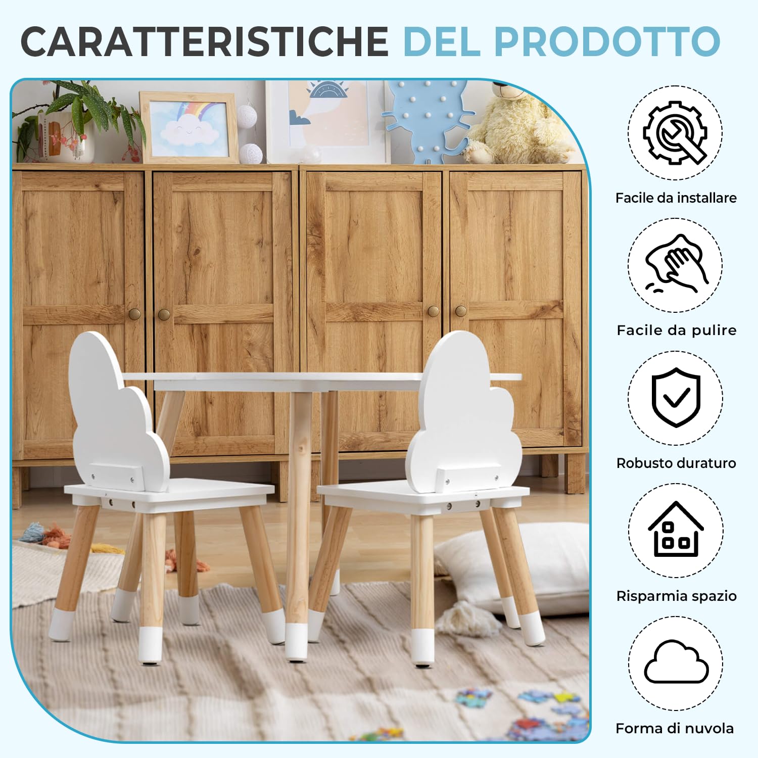 Rebecca Mobili Set Tavolino E Sedie Per Bambini, Sedie e Tavolo Arredo Cameretta Stanza Dei Giochi Bianco Marrone Chiaro, Mdf, Stile Nordico - Misure: 44 x 60 x 60 cm / 50 x 25 x 25 cm - Art. RE6733