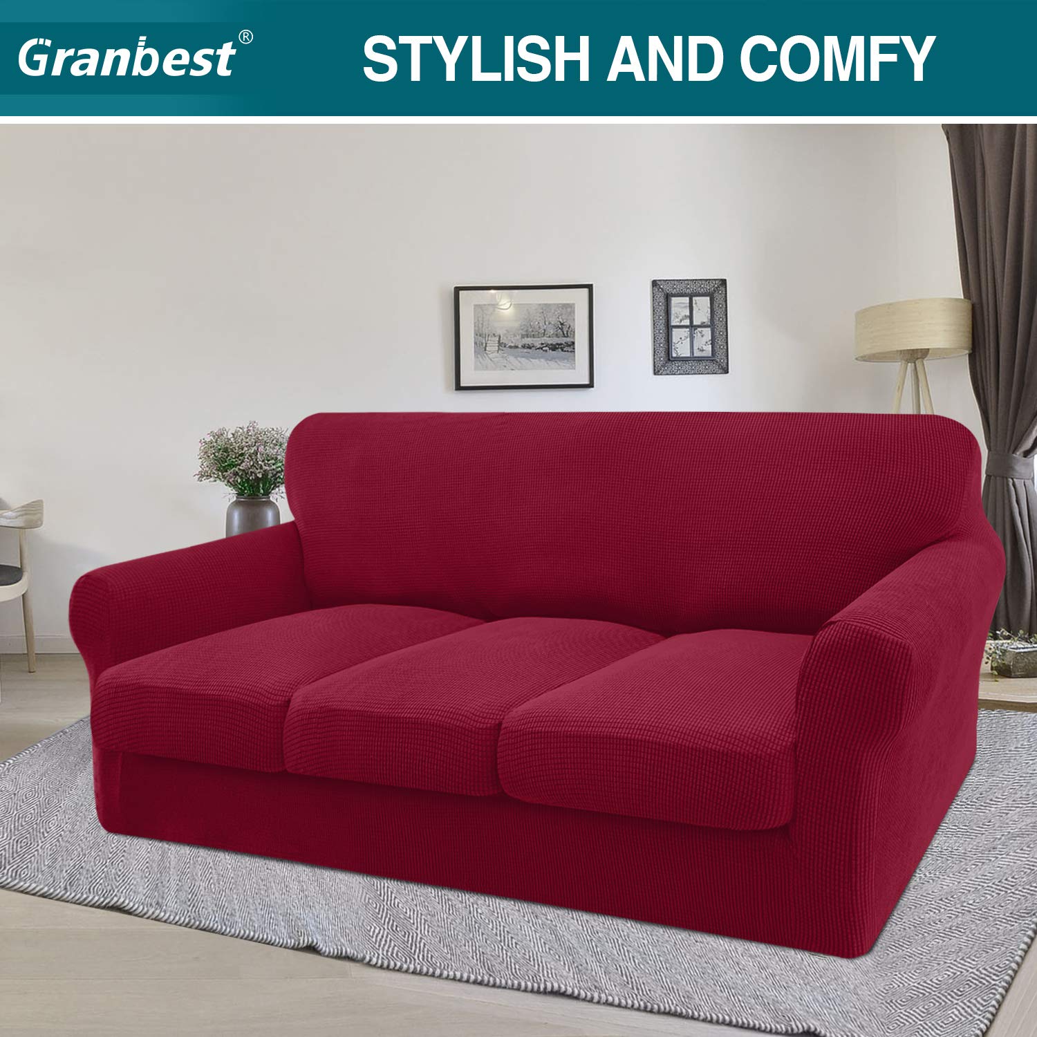 Granbest High Stretch Sofa Seat Cushion Cover Super Soft Couch Seat Cover Sofa Cushion Protector Jacquard Spandex Fabric with Elastic Bottom(3-Piece 3 seater - Image 2