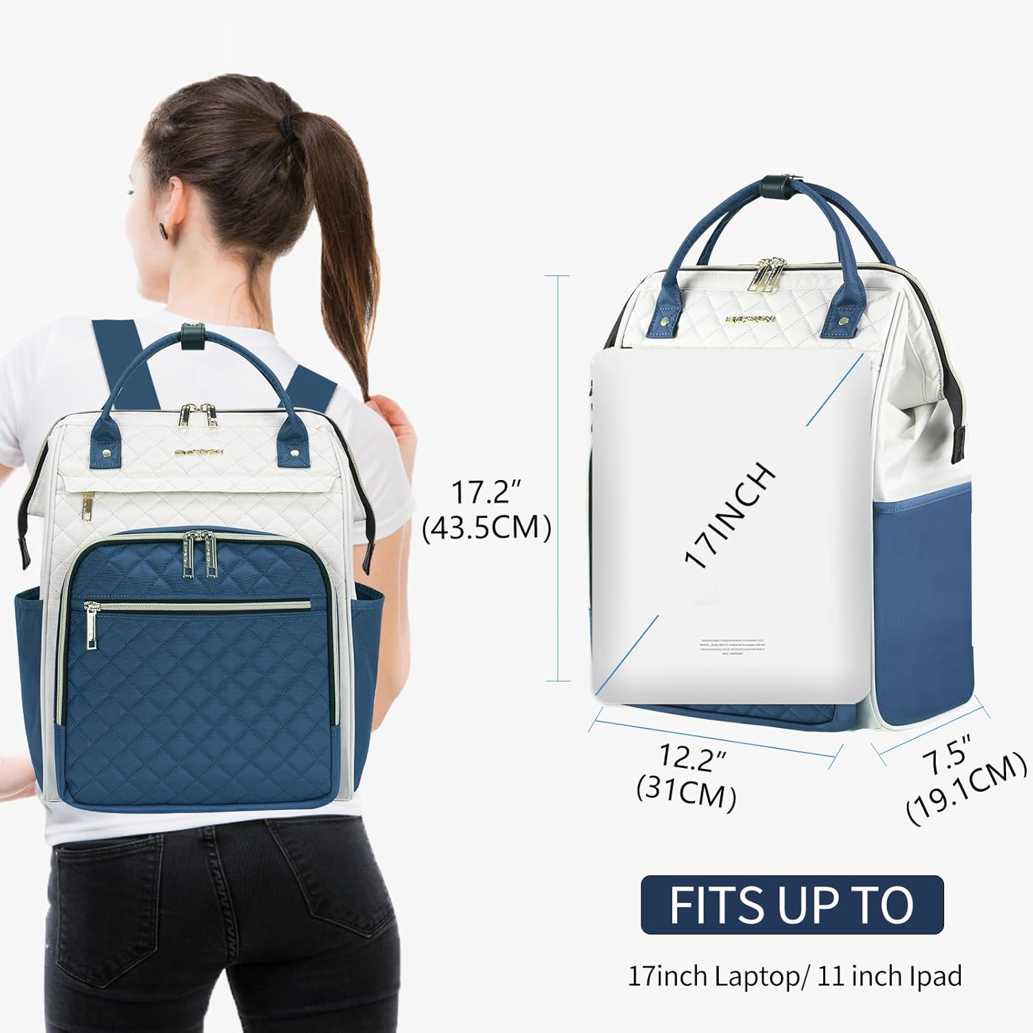 EMPSIGN 17 Inch Laptop Backpack for Women, Work Business Travel Computer College Bags, Large Capacity Water-repellent Quilted Casual Daypack with USB Port, Beige-Haze Blue - Image 2