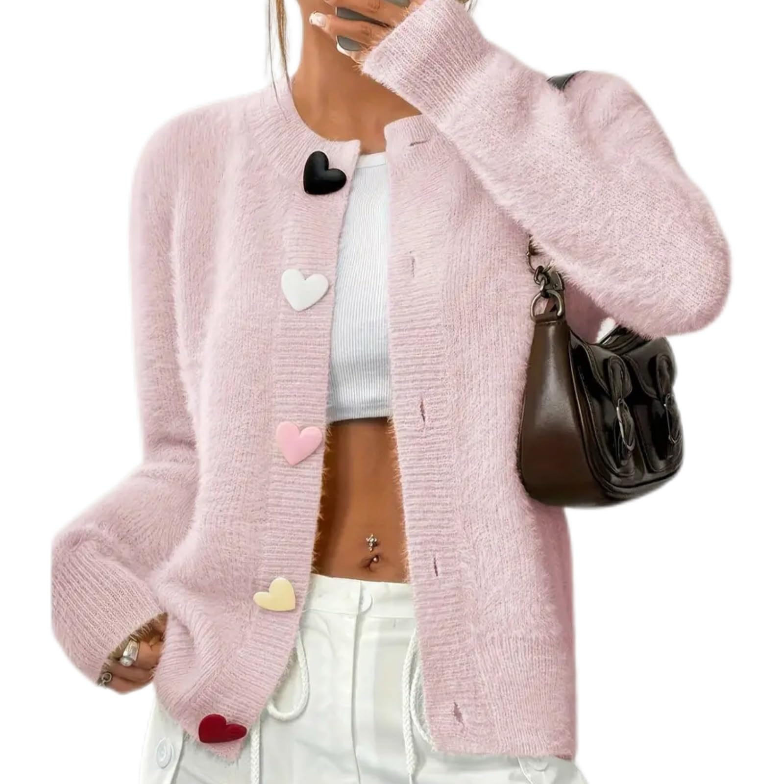 Womens Fuzzy Knit Cardigan Long Sleeve Heart Button Down Chunky Fall Winter Casual Sweater Coat
