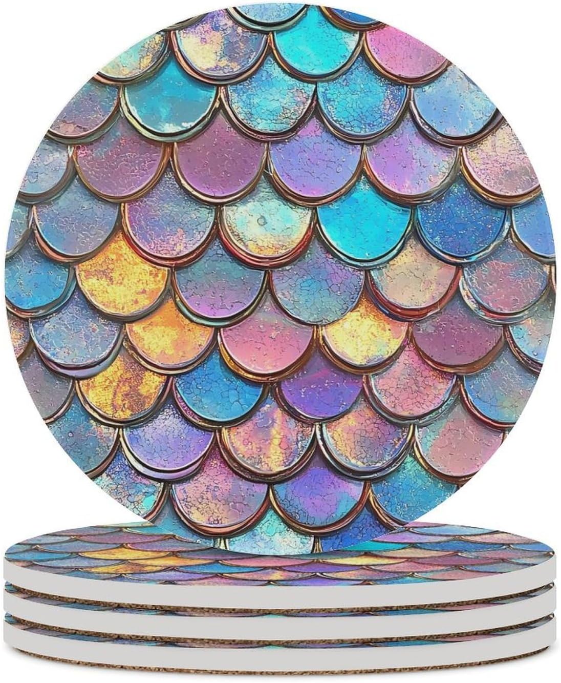 Mermaid Fish Scale Sequin Round Ceramic Coasters Print Drinks Absorbent with Cork Base for Home Decor Gifts 4 Inch
