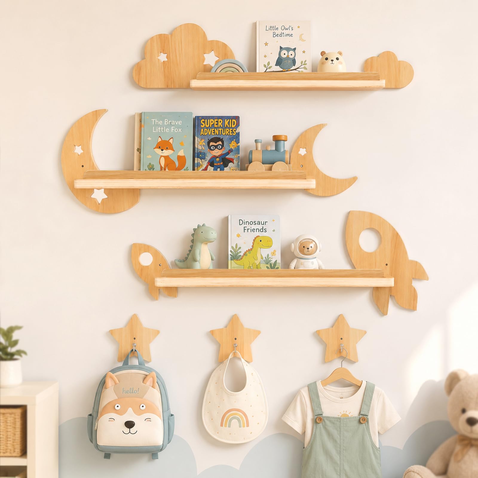 Lot de 3 Étagères Murales Bois Thème de l'espace, Rangement pour Livres