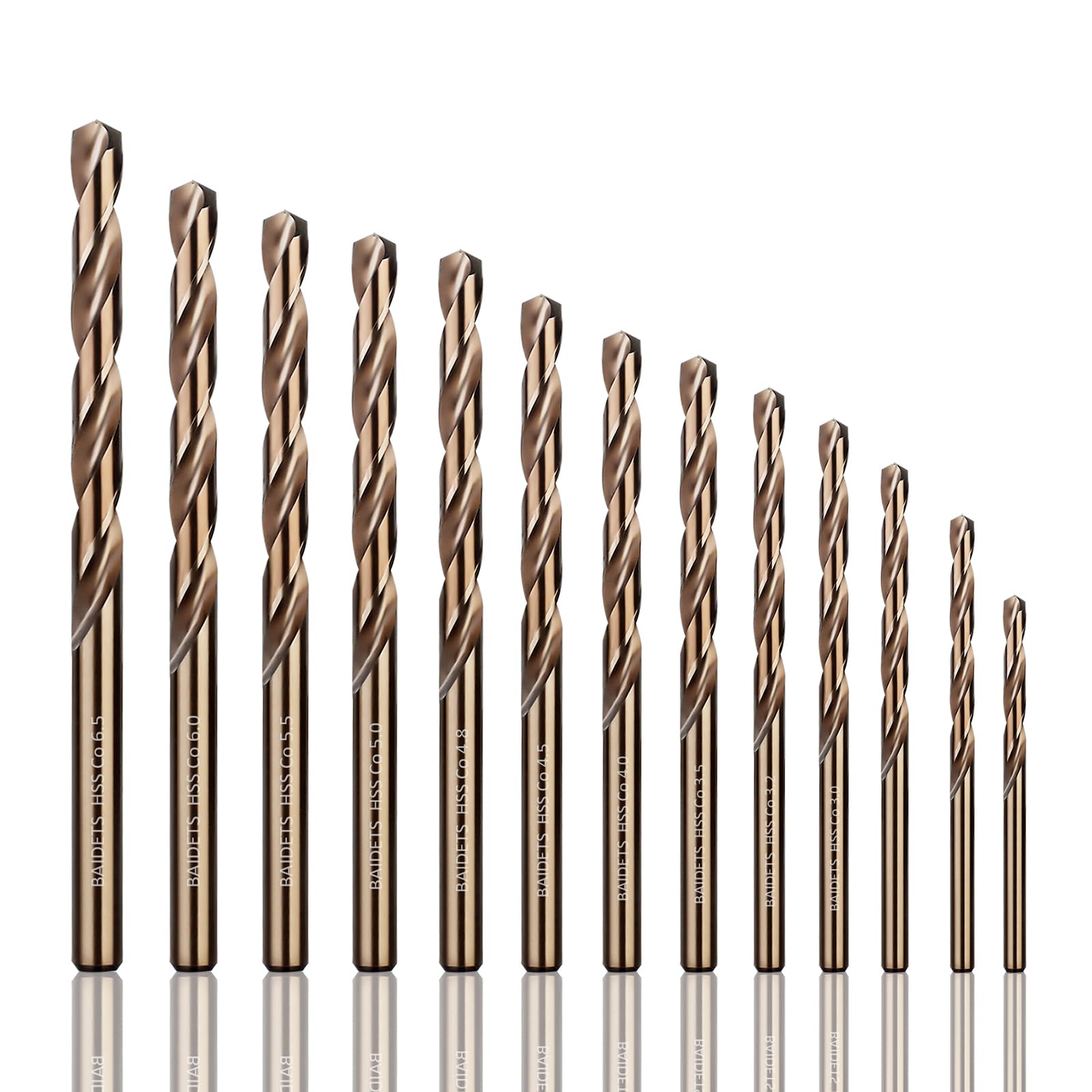 BAIDETS Cobalt Drill Bits Set (1.5-6.5mm, 13Pcs), M35 HSS Metal Twist Drill Bits Set for Hard Metal, Stainless Steel, Cast Iron, Plastic, Wood, Other