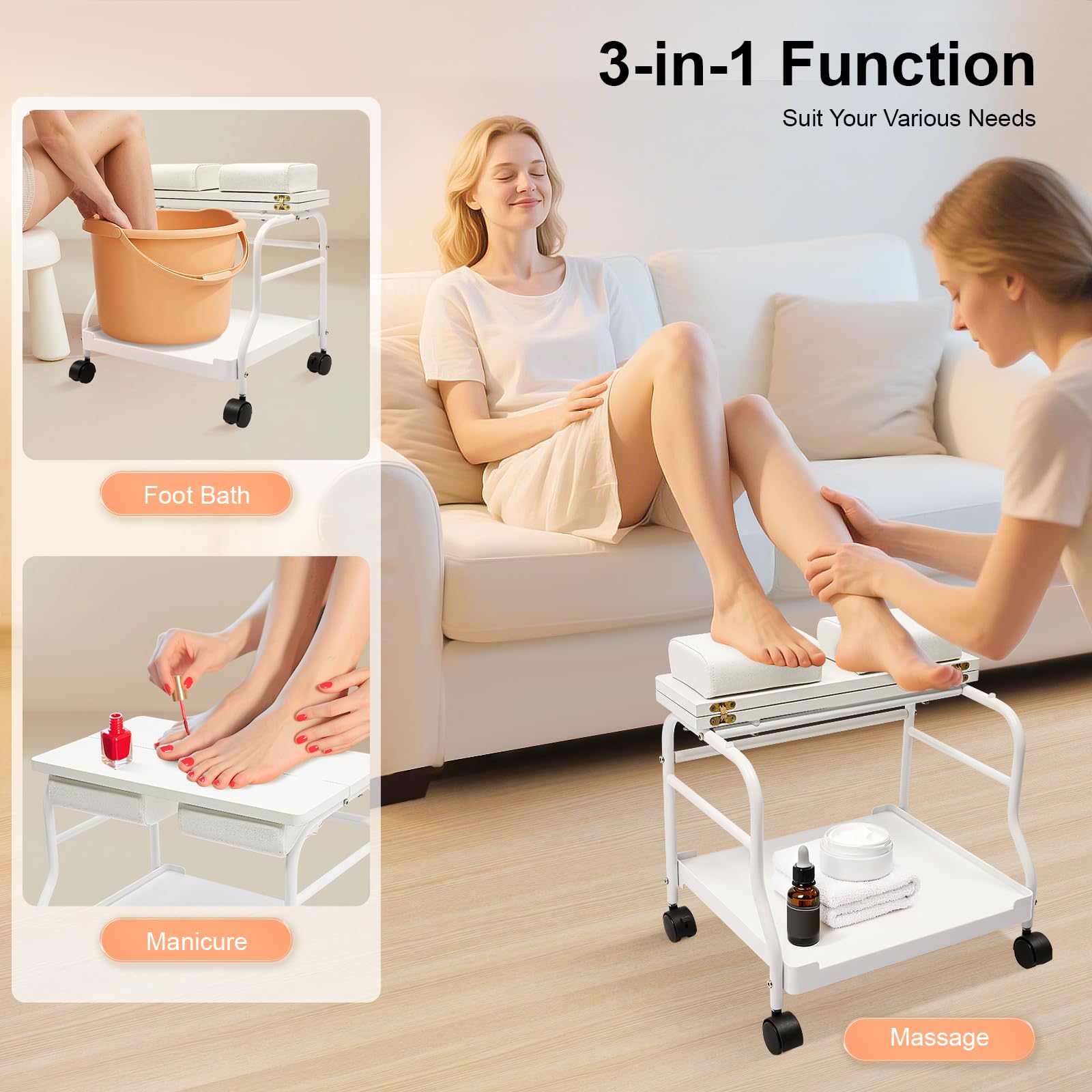 ARPITUYN Portable Pedicure Trolley Cart, Beauty Salon Nail Or Foot Bath Spa Foot Stool with Sturdy Iron Frame & Wooden Plate, Pedicure Footrest Stool Cart for Home & Salon Use