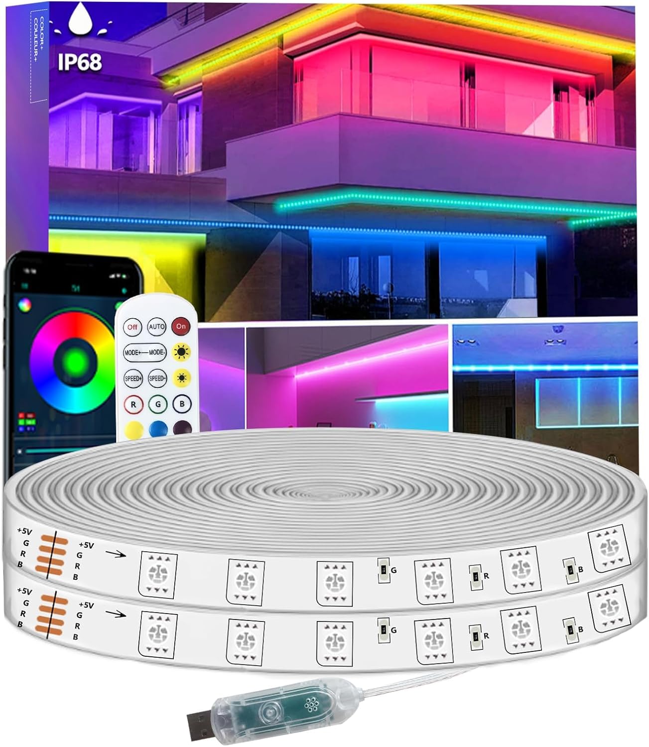 40FT RGB LED Strip Lights IP68 Outdoor Waterproof, 5V USB Powered, Music Sync Bluetooth APP/RF Remote Control Lights for Balcony,Deck,Camping,Garden,Bedroom Decor