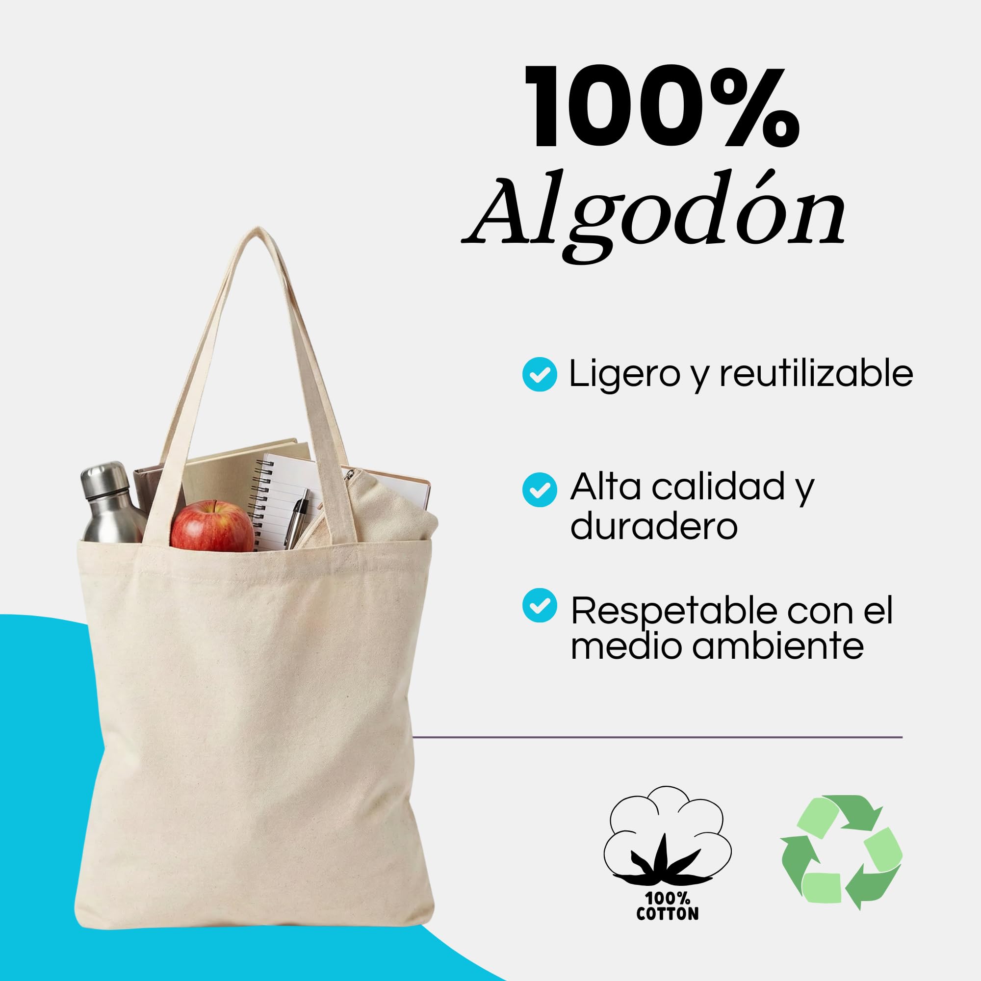 Pack Tote Bag 100% Algodón Natural Reutilizables de 42x38cm y 140 g/m² – Bolsas de Tela Resistentes para Uso Diario con Asas Largas de 70cm y Tamaño Práctico - 4