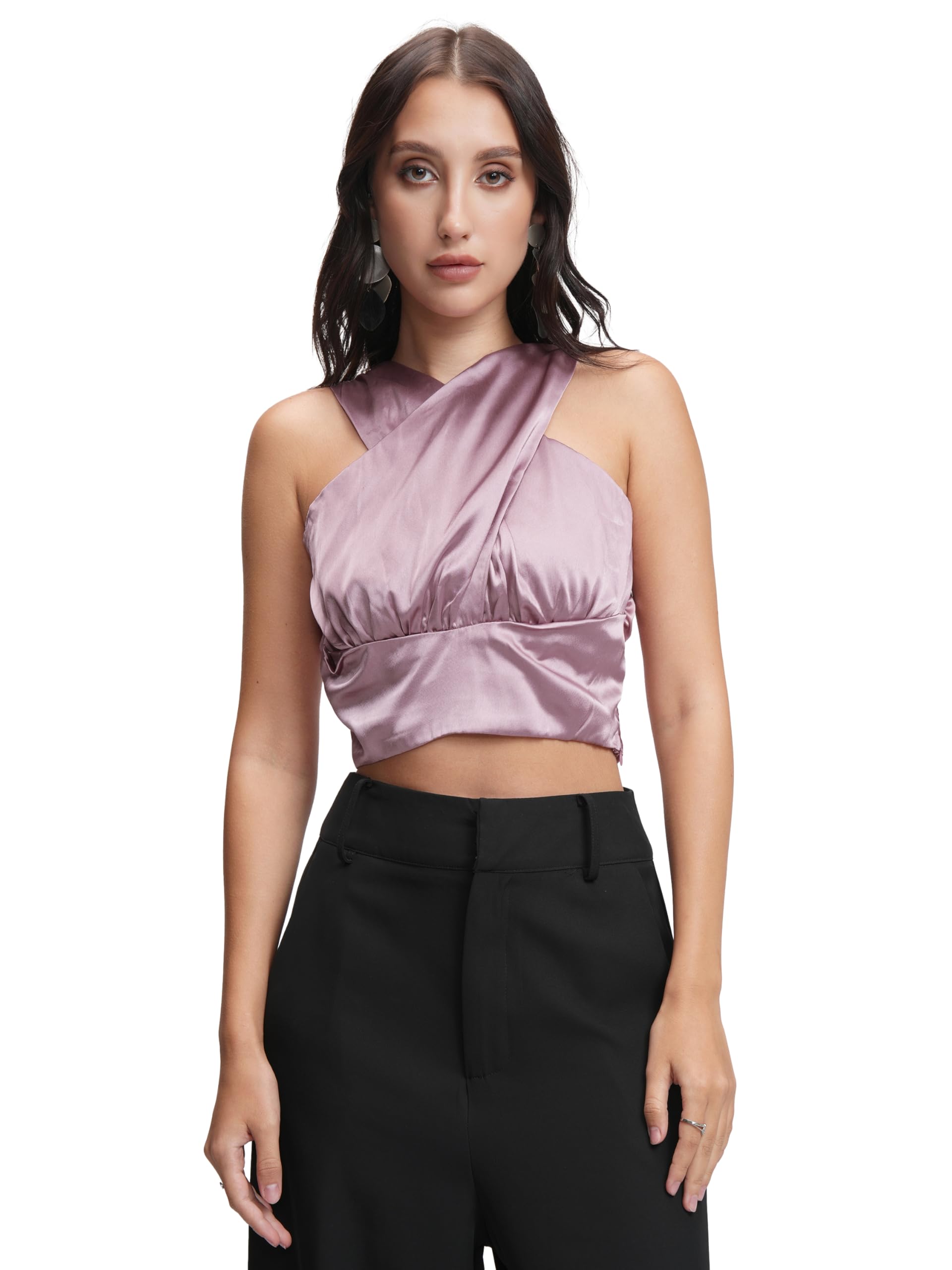 Tokyo Talkies Women's Halter Neck Satin Top | Sleeveless | Crop Top | Luxurious Feel | Perfect for Parties, Date Nights & Formal Looks| Wrap | Tops for Woman | Women Tops | Women Crop Top-image-45
