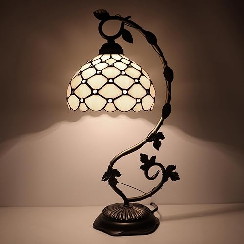 Miniatura 4 de Tiffany - Lámpara de mesa, luz de lectura de escritorio de vidrieras, base de lámpara de mesa de hojas de metal, 8 x 10 x 21 pulgadas (cuentas crema)