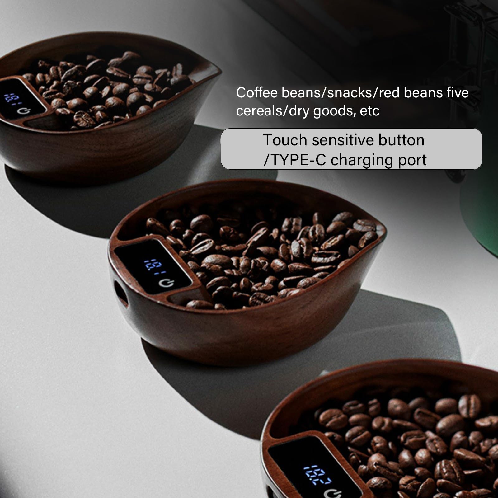 Báscula eléctrica elegante para café expreso, con textura de madera, bandeja de pesaje de café, báscula de cocina para café