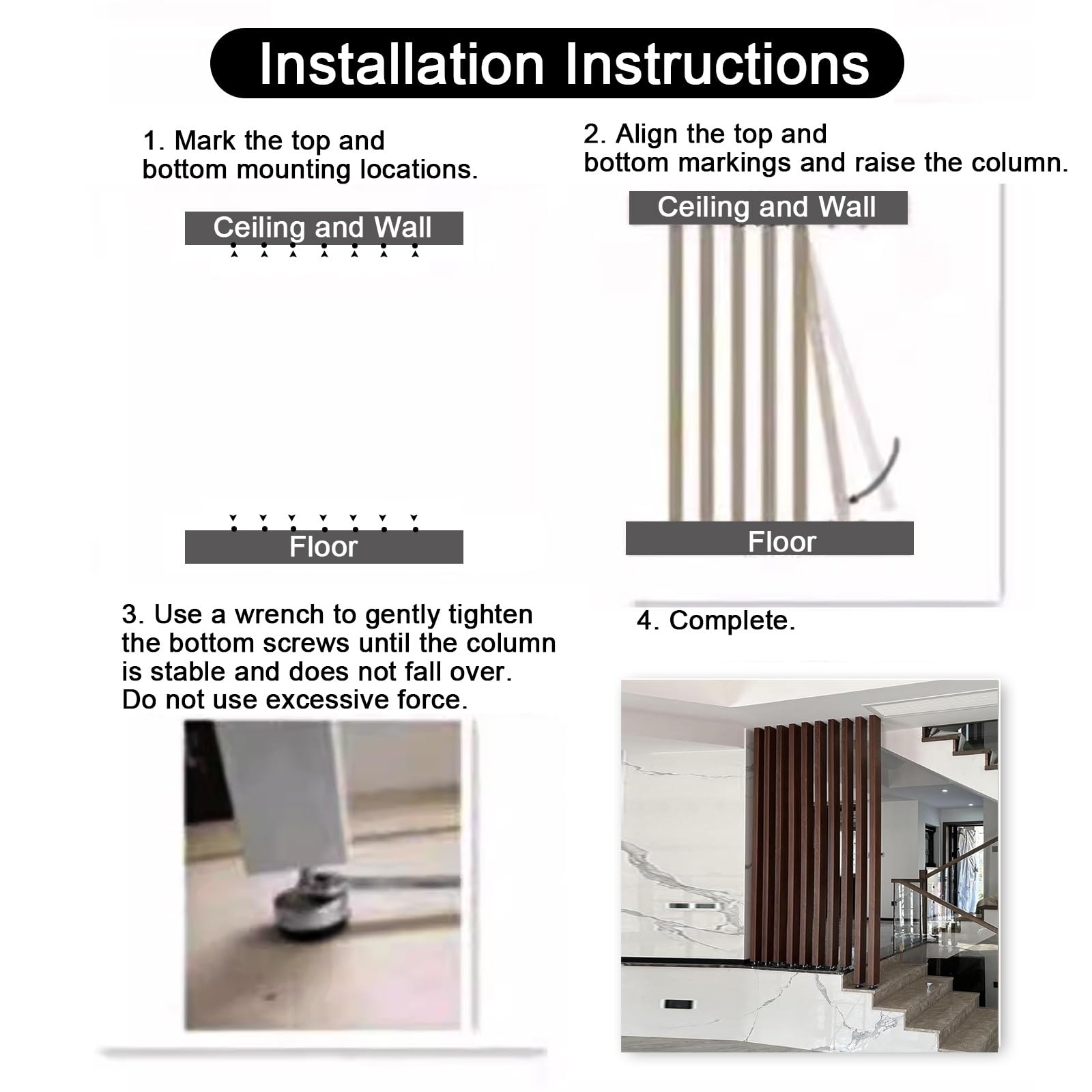 Biombo Separador de Ambientes， Divisor De Ambientes De Listones De Aleación de Aluminio De Piso A Techo，para Entrada ， para Escaleras De Pasillo, Panel Divisor De Pared(6root,170cm/66.9in/5.57ft)