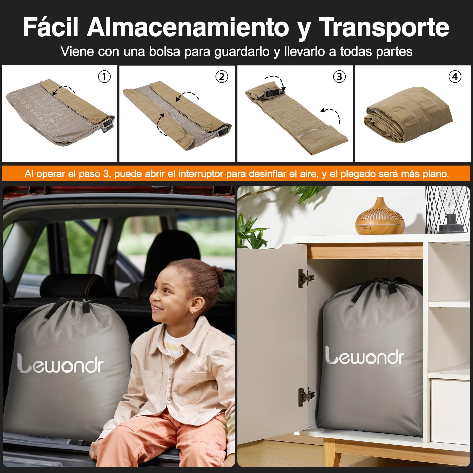 Colchón Hinchable Matrimonio con Bomba Integrada 203x152x33CM Almohada 250kg Khaki