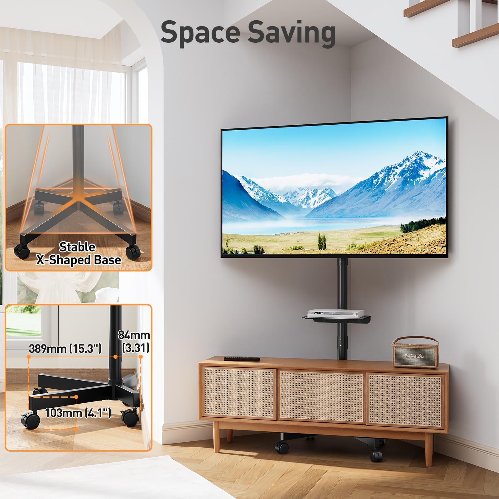 ELIVED Mobilny stolik pod TV na kółkach 26-65 cali, stojak pod telewizor | Regulacja wysokości i pochylenia, wózek TV na kółkach, VESA do 400x400 mm, udźwig 35 kg, dodatkowa półka w zestawie