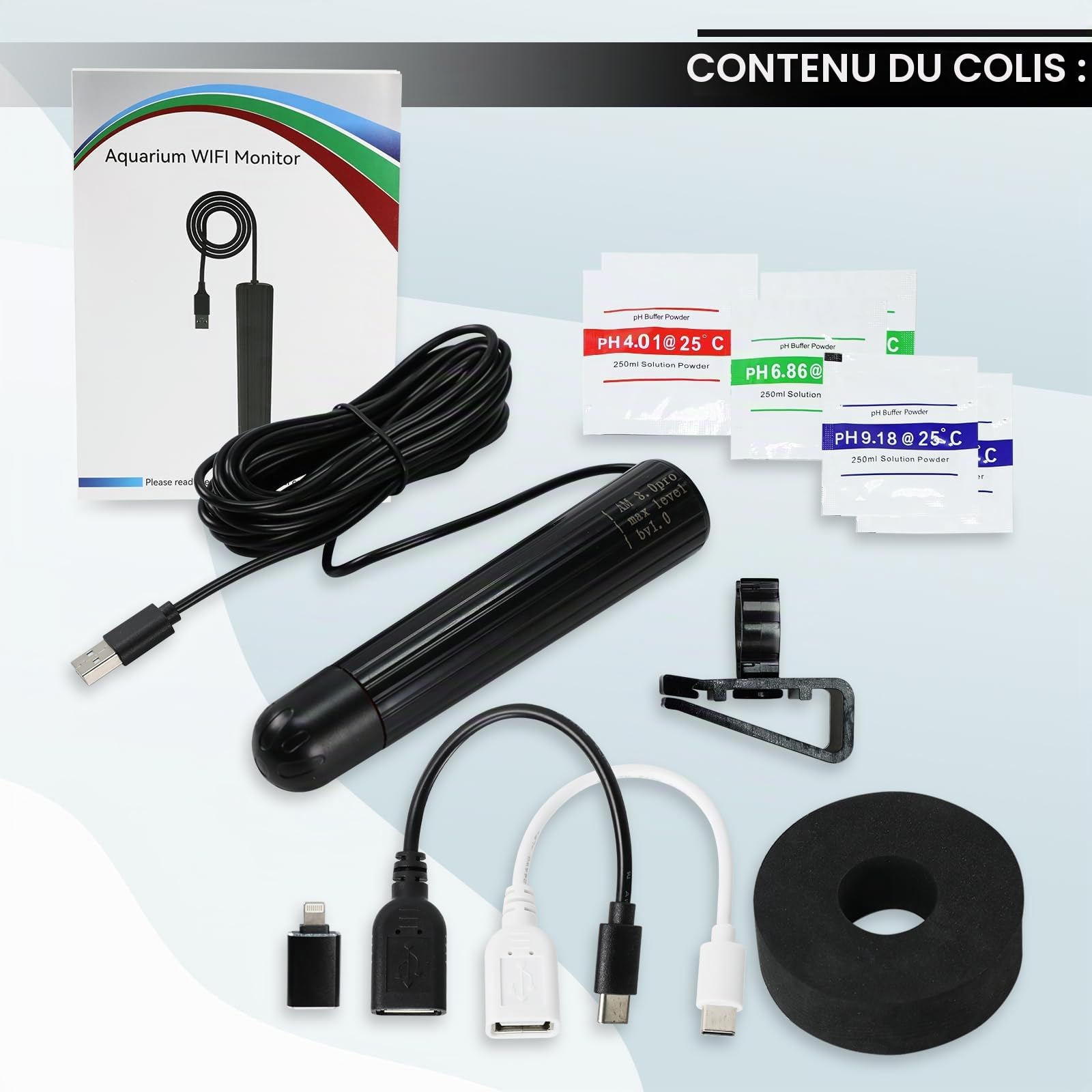 Testeur de qualité de l'eau WiFi 7 en 1 Smart Water Quality Monitor Sonde PH/ORP/TDS/EC/Salinité/SG/Temp pour Aquarium, Hydroponie, Aquaculture, Surveillance des données via App